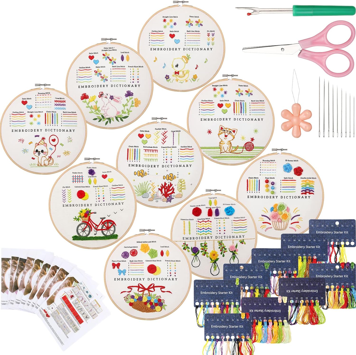 9 juegos de punto de bordado para principiantes, kits de práctica de punto de cruz para aprender diferentes puntadas, kits de punto de aguja para