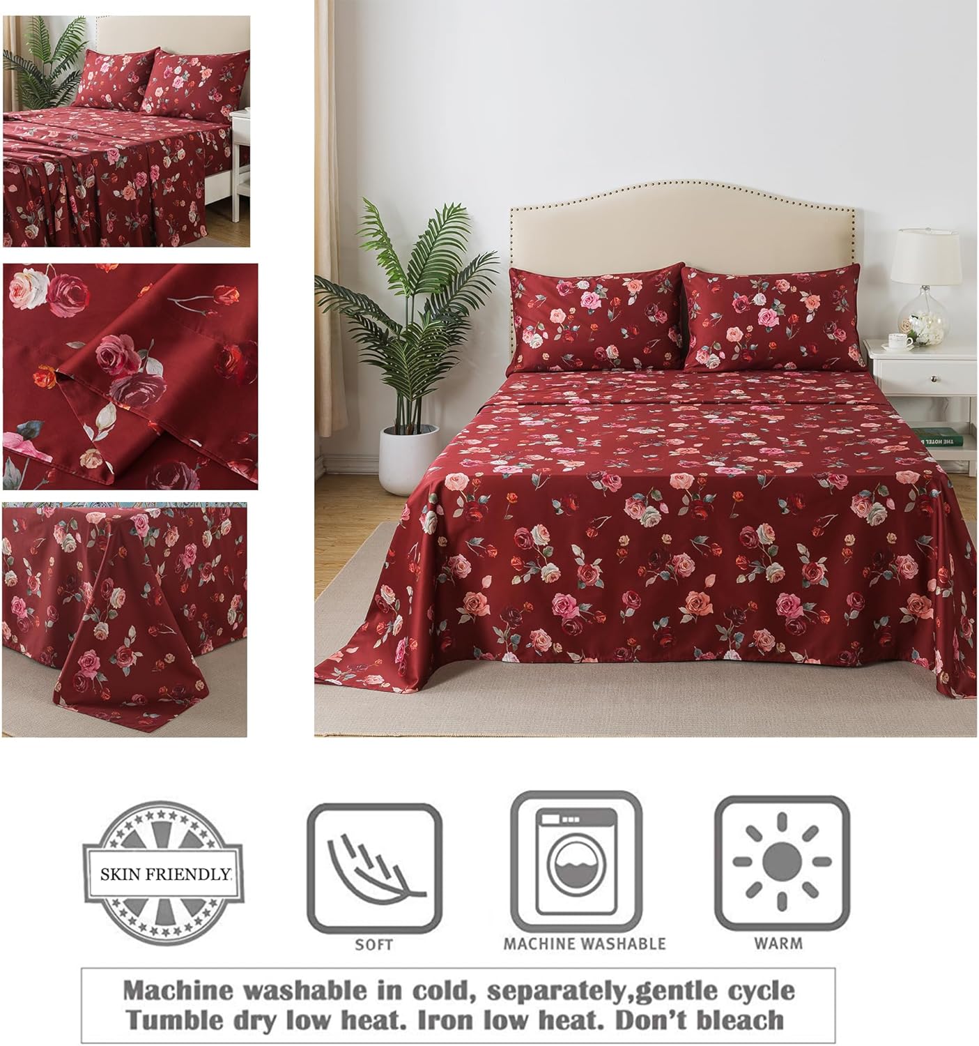 FADFAY Sábanas de rosas rojas, tamaño individual XL, ropa de cama vintage floral rosa elegante, ropa de cama de granja desgastada, 100% algodón