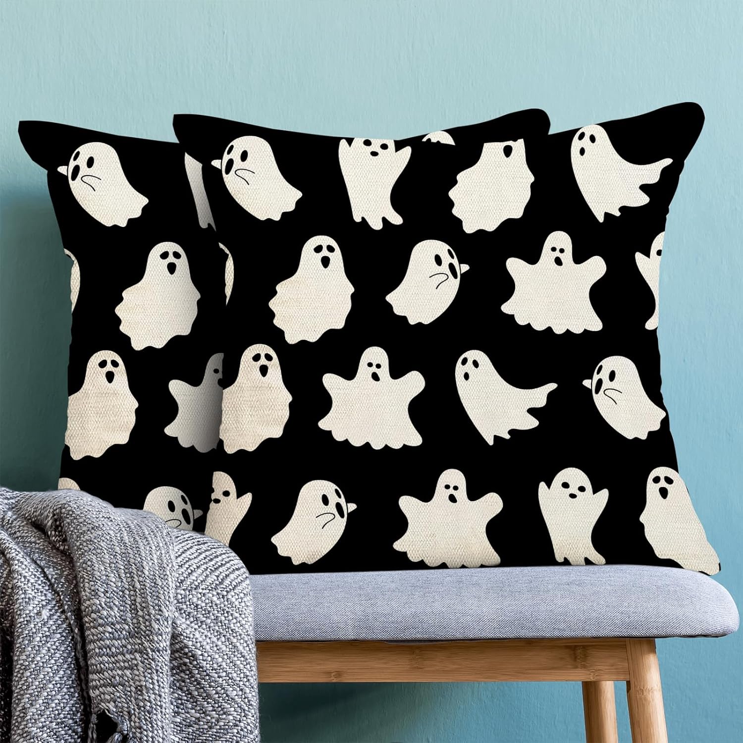 Juego de 2 fundas de almohada de Halloween de 20 x 20 pulgadas, lindo fantasma, para exteriores, de lino, granja, vintage, decoración de Halloween,