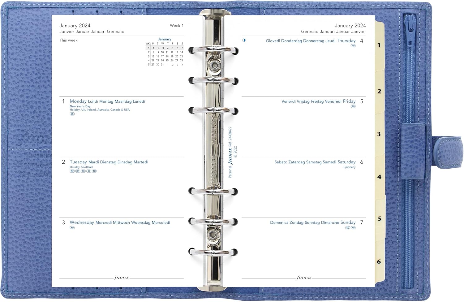 Filofax Finsbury – Organizador de tamaño personal, color azul Vista – Cuero granulado tradicional, seis anillos, calendario semanal para ver,