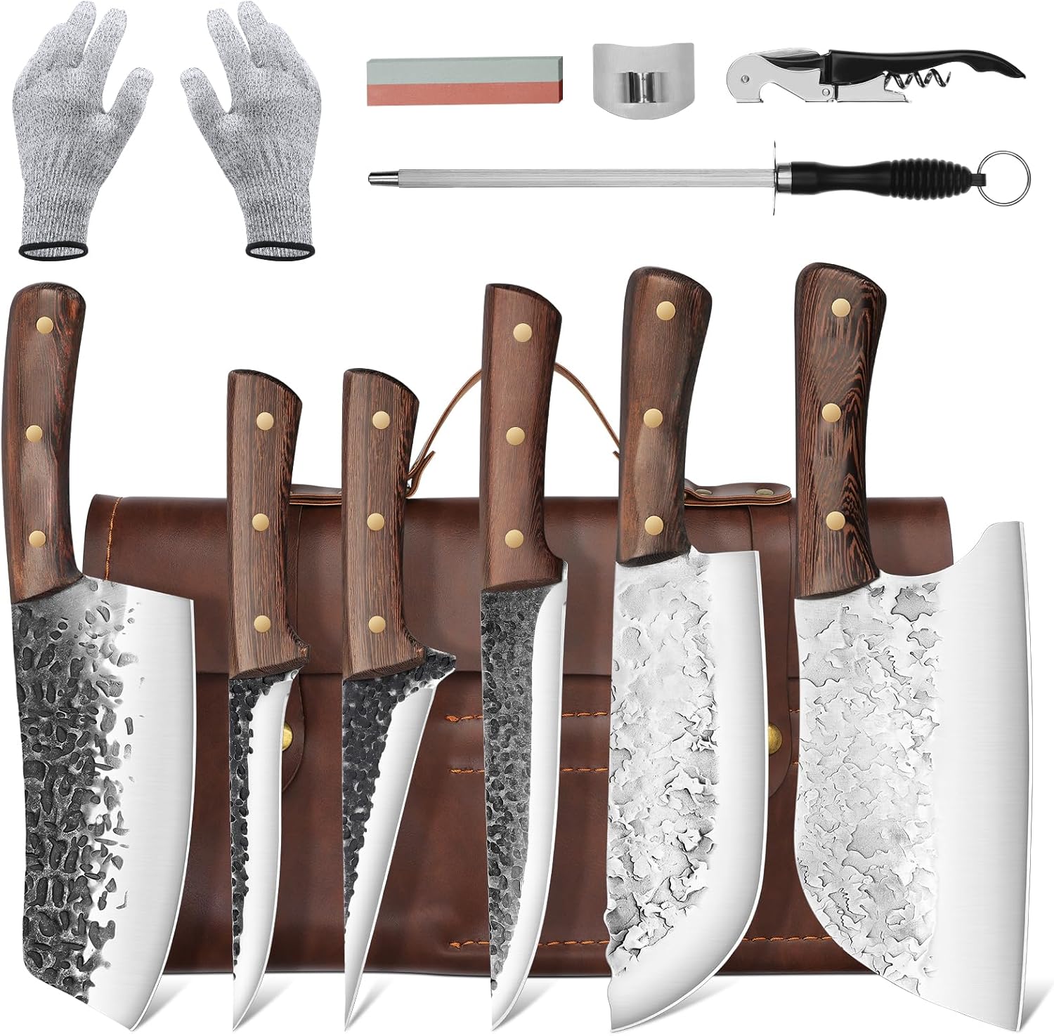 DRAGON RIOT Juego de cuchillos de carnicero de chef para cortar carne con bolsa de rollo, 12 cuchillos de chef forjados japoneses para hombres y