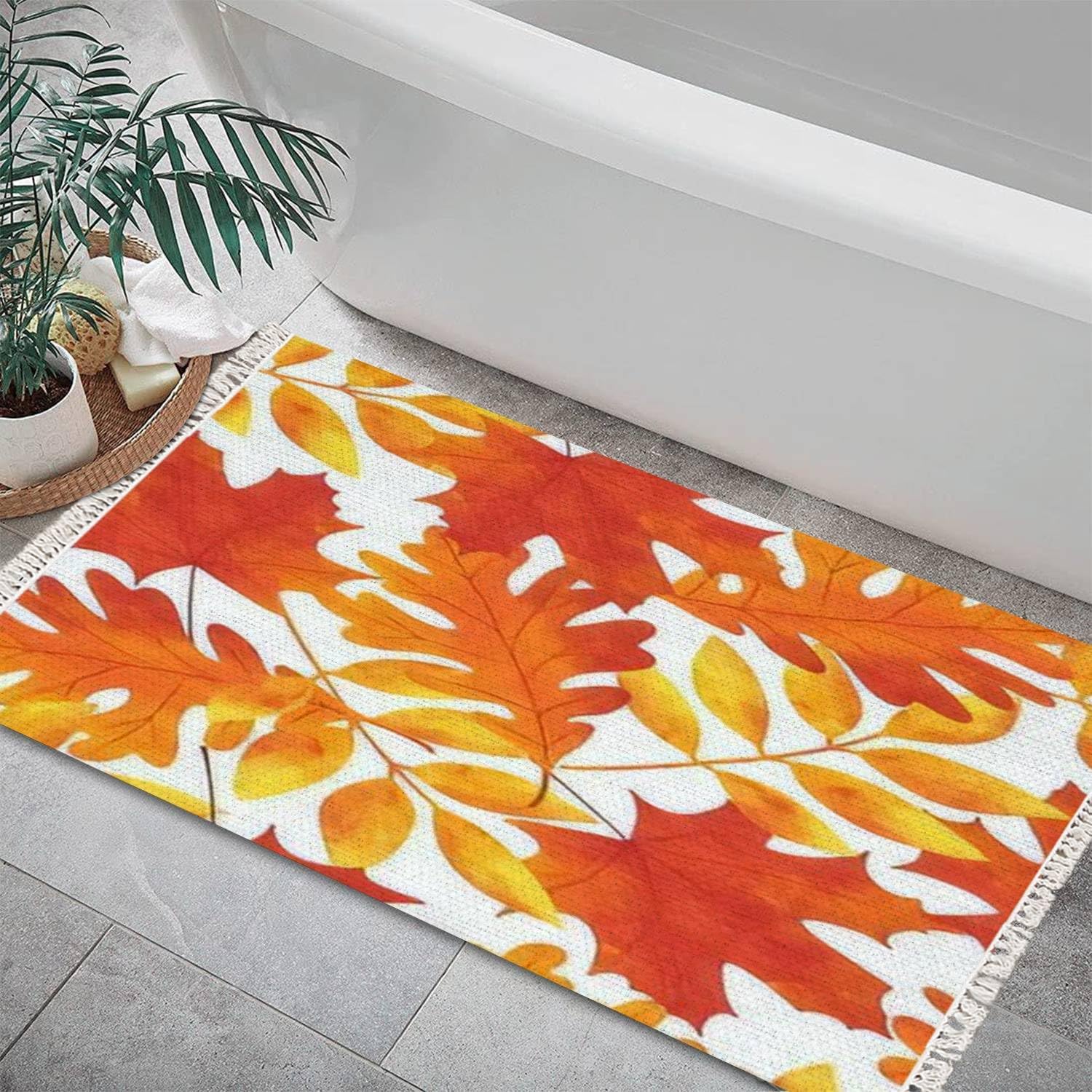 Alfombra bohemia dibujada sin costuras para otoño, hojas de otoño, bayas, bayas y arce, roble bellota, con flecos, decoración de habitación de niños