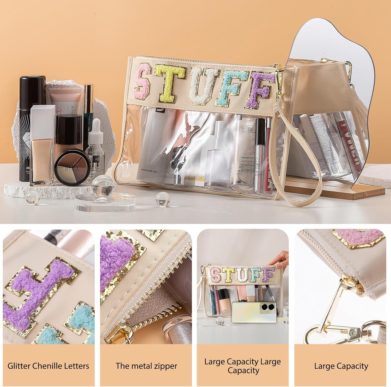 Bolsa transparente de felpilla con letras y letras de chenilla, bolsa de letras universitarias, bolsa de nailon transparente para cosméticos con