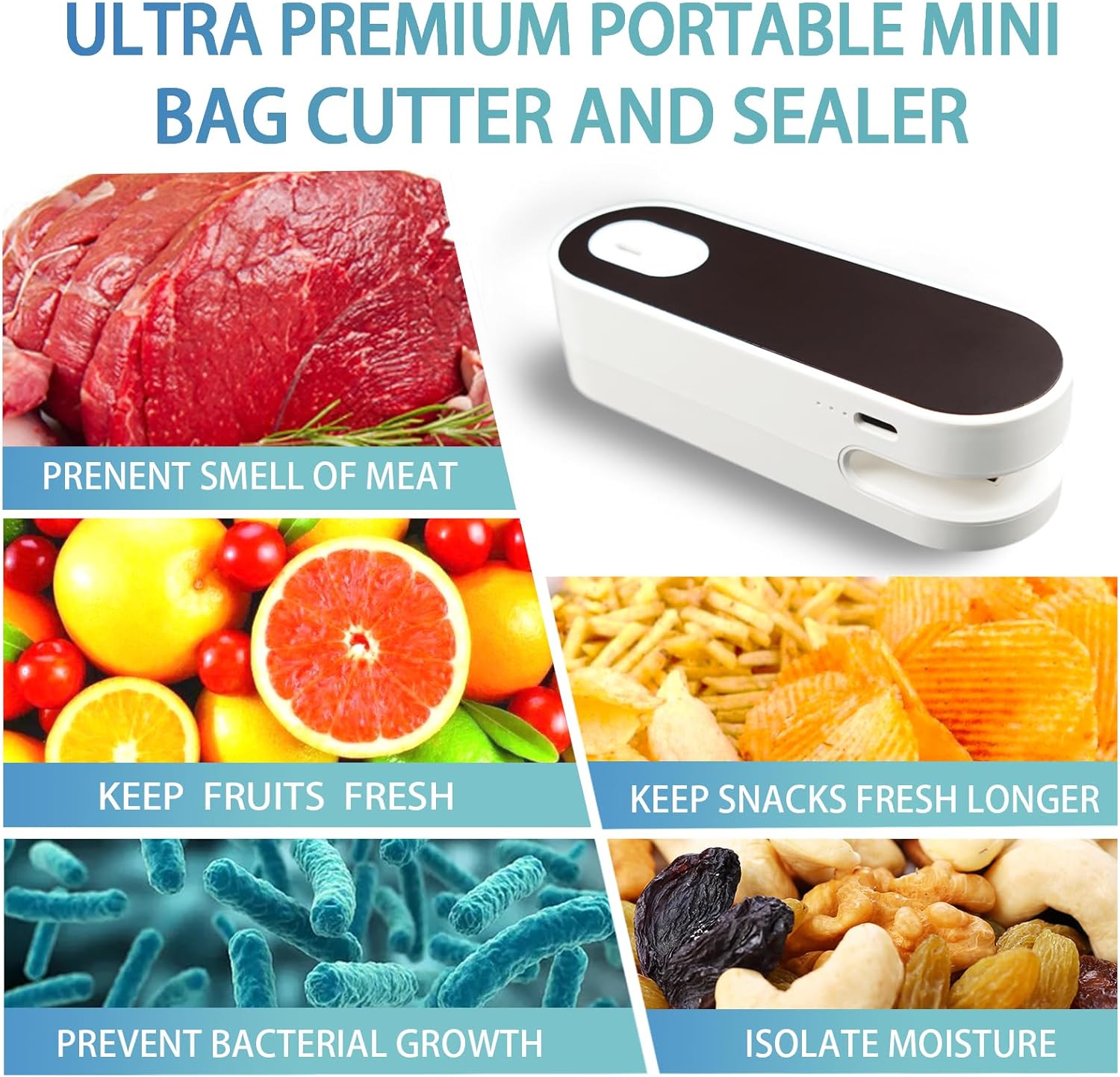 Mini sellador de bolsas, 2 en 1  resellador de plástico de mano recargable, máquina de sellado al vacío para mantener alimentos chips galletas