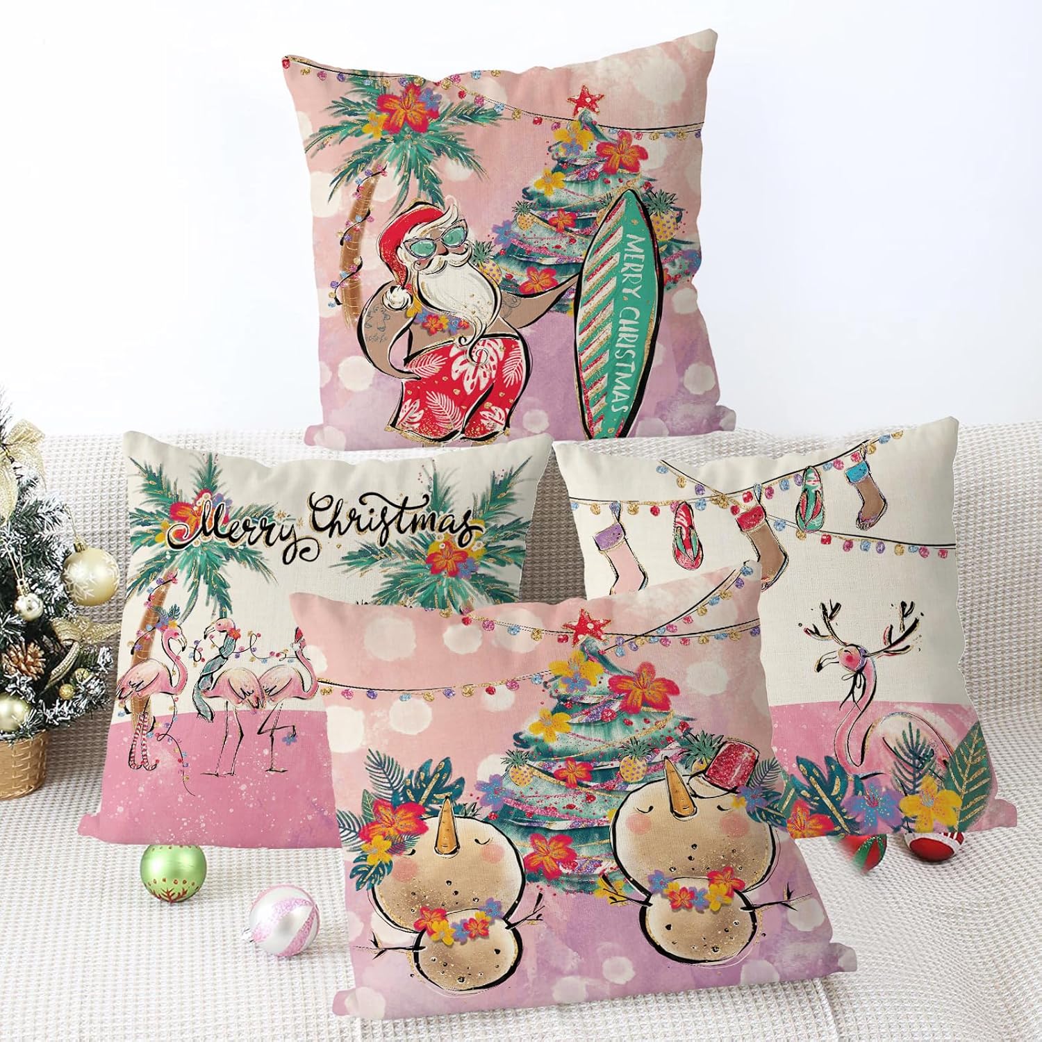 GAGEC Juego de 4 fundas de almohada de Navidad de 18 x 18 pulgadas, fundas de almohada hawaianas de Papá Noel, muñeco de nieve rosa, Navidad,