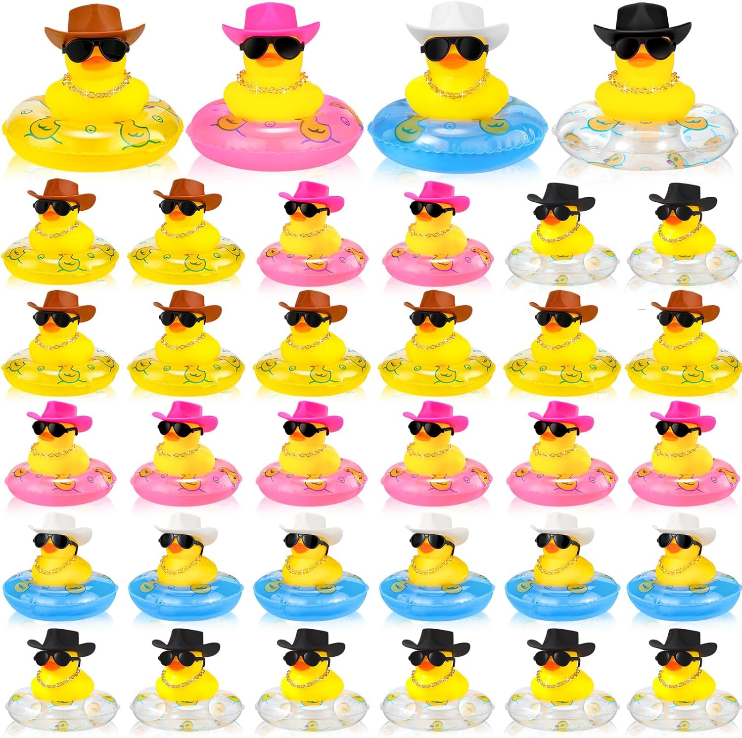 Sosation Pato de goma vaquero a granel, mini auto de patitos amarillos, juguetes de baño, recuerdo de fiesta con mini sombrero, collar de círculo de