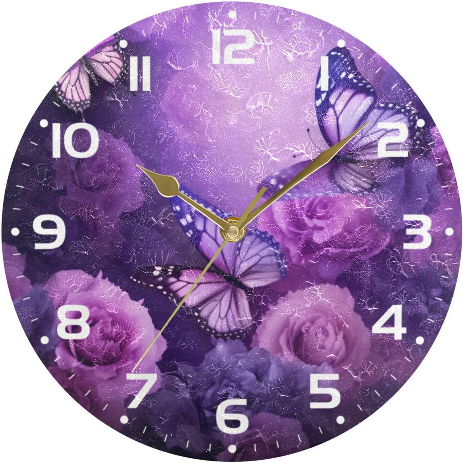 Reloj de pared de mariposa morado, silencioso sin tictac, funciona con pilas, reloj redondo decorativo creativo para cocina, sala de estar, baño,
