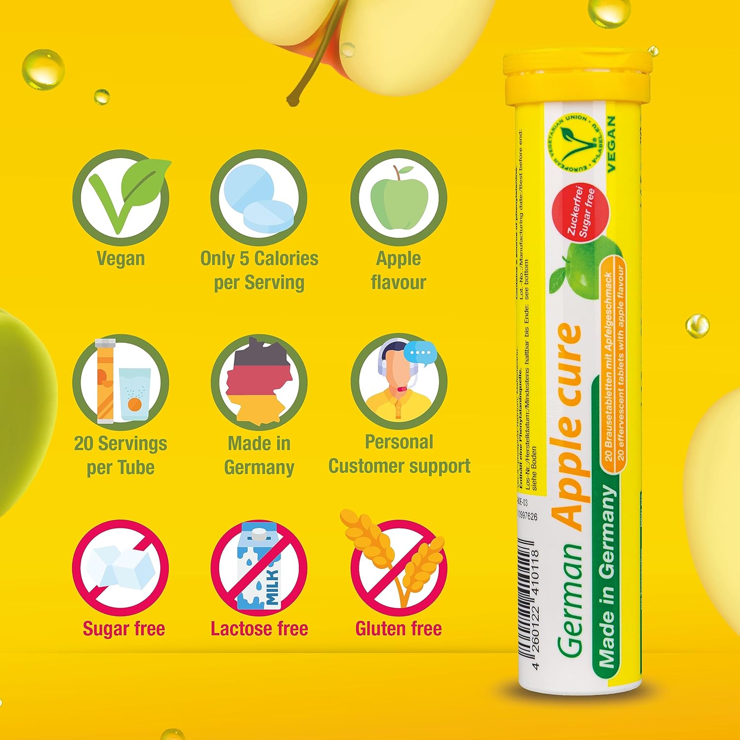 T&D German Apple Cure – 240 tabletas efervescentes veganas – Sabor a manzana – Fabricado en Alemania