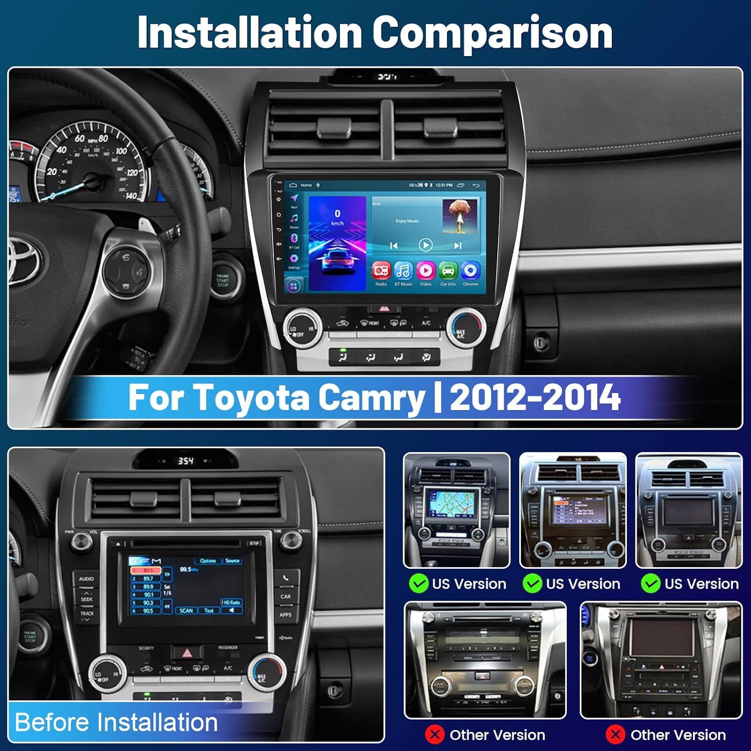 Roinvou Estéreo Android CarPlay 2+64G para Toyota Camry 2012-2014, CarPlay inalámbrico integrado con Android Auto, pantalla táctil de 10.1 pulgadas