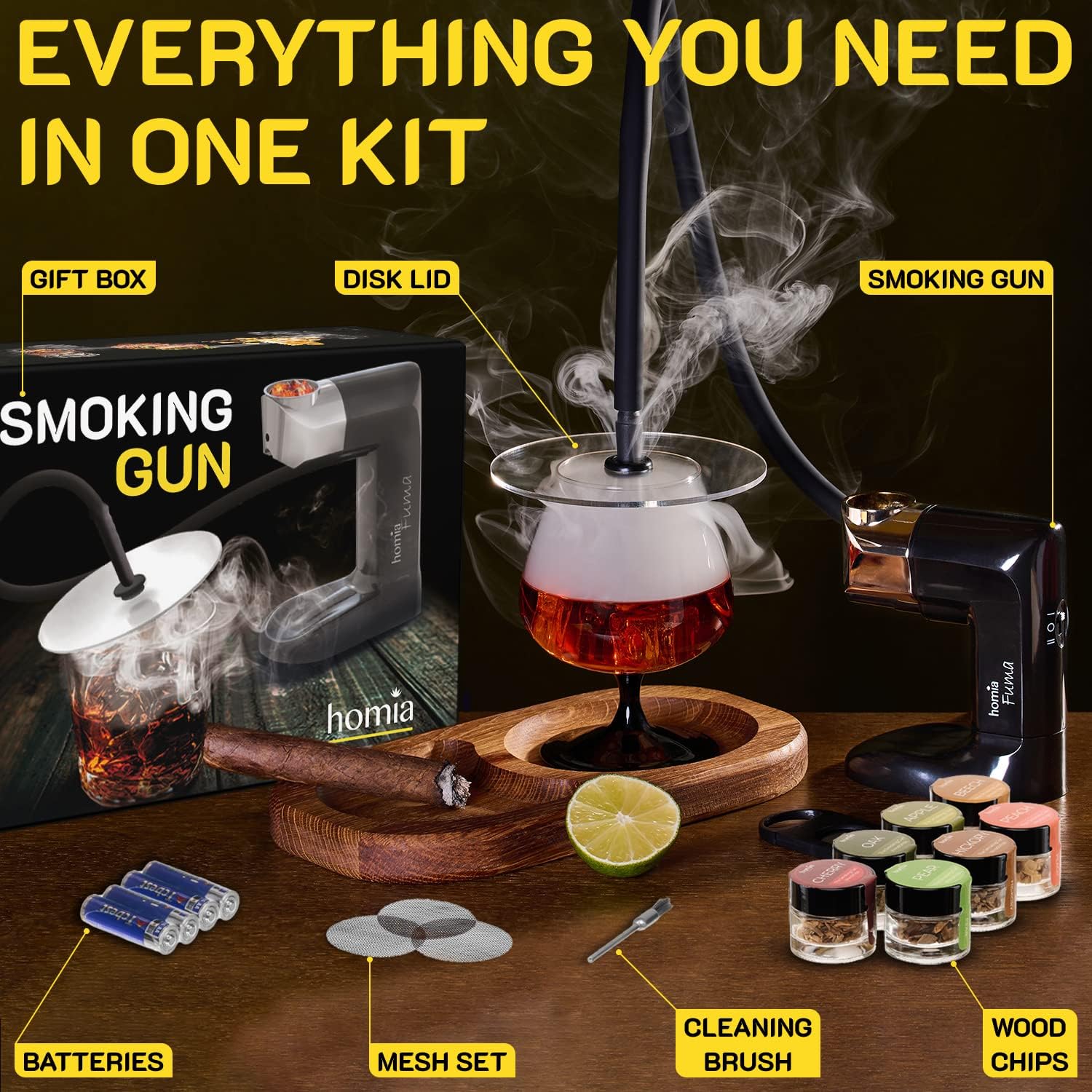 Infusor de humo de madera para pistola de ahumar, kit de iniciación, 12 piezas, máquina ahumadora con accesorios y astillas de madera y kit de