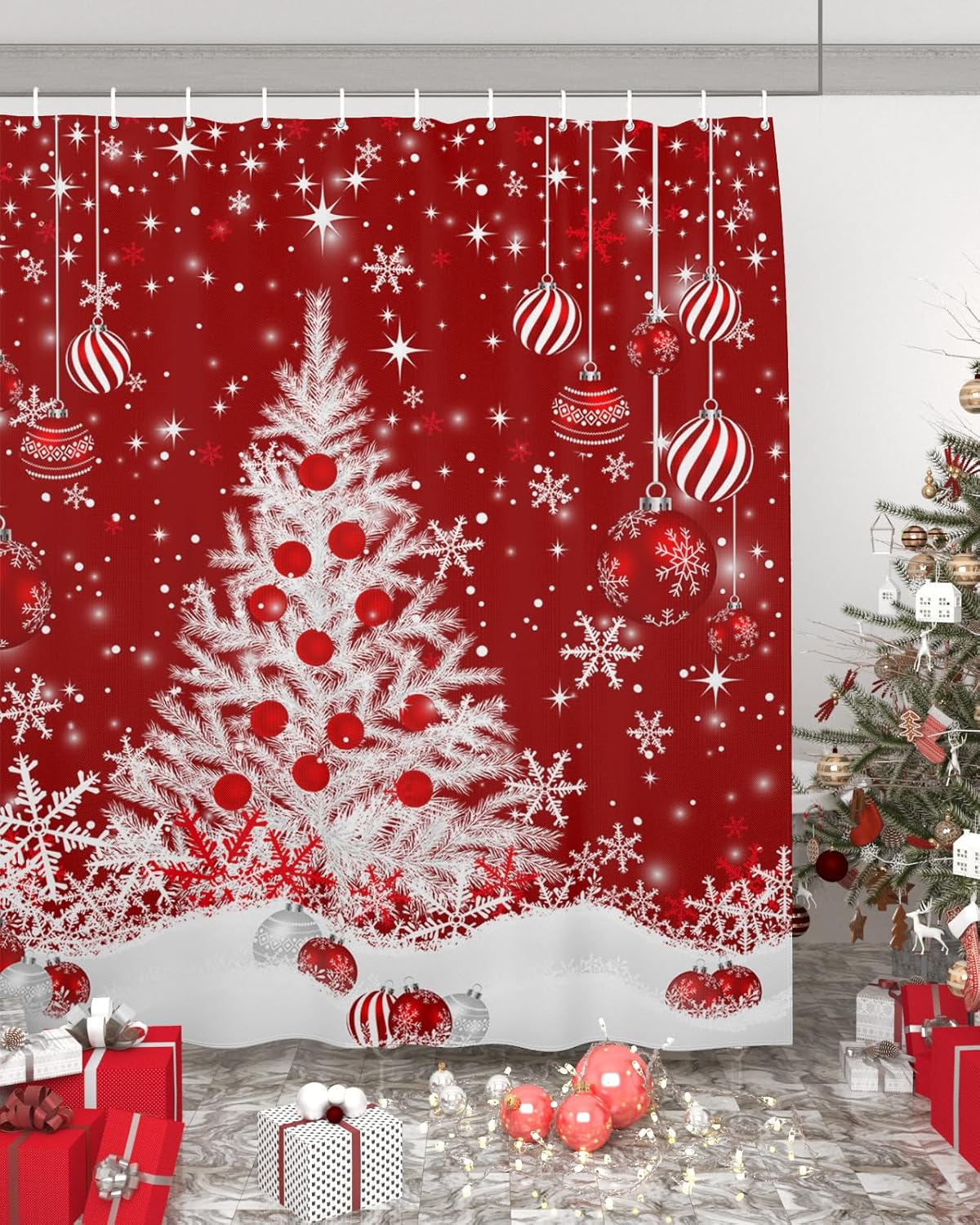 Cortina de ducha de árbol de Navidad con 12 ganchos, impermeable, bolas de Navidad rojas, cortina de baño para baño, decoración de bañera, juego de