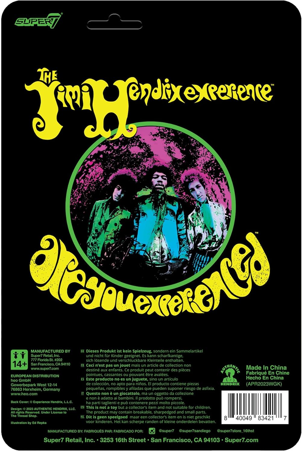 Super7 Jimi Hendrix Blacklight (Are You Experienced) – Figura de acción de Jimi Hendrix de 3.75 pulgadas con accesorio, coleccionables de rock