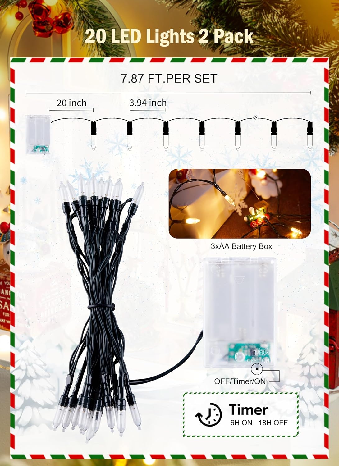 Guirnalda de luces de Navidad a pilas, 20 luces LED de 8 pies con temporizador, luces de árbol de Navidad para interiores y exteriores, dormitorio,