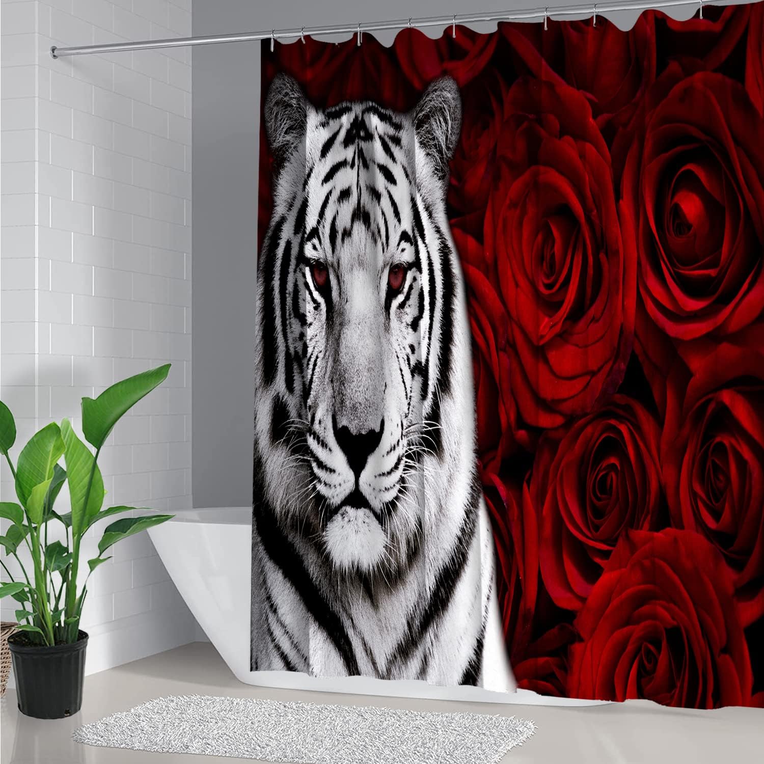 XVWJ Juego de cortinas de ducha de tigre rosa roja con alfombras, cubierta de tapa de inodoro y tapete de baño, cortina de ducha suave con ganchos,