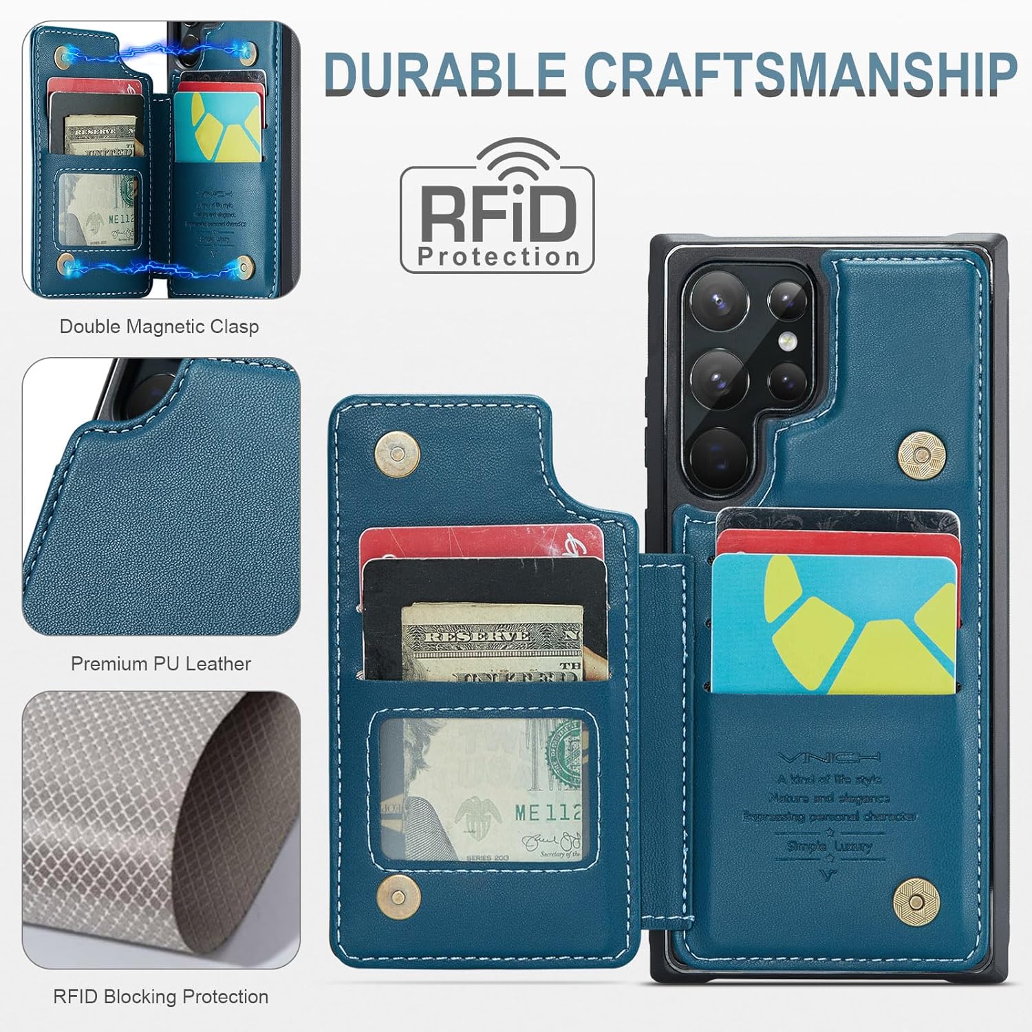 Vinich Funda tipo cartera para Samsung Galaxy S22 Ultra con tarjetero y ranuras de crédito con bloqueo RFID, función atril, a prueba de golpes, para