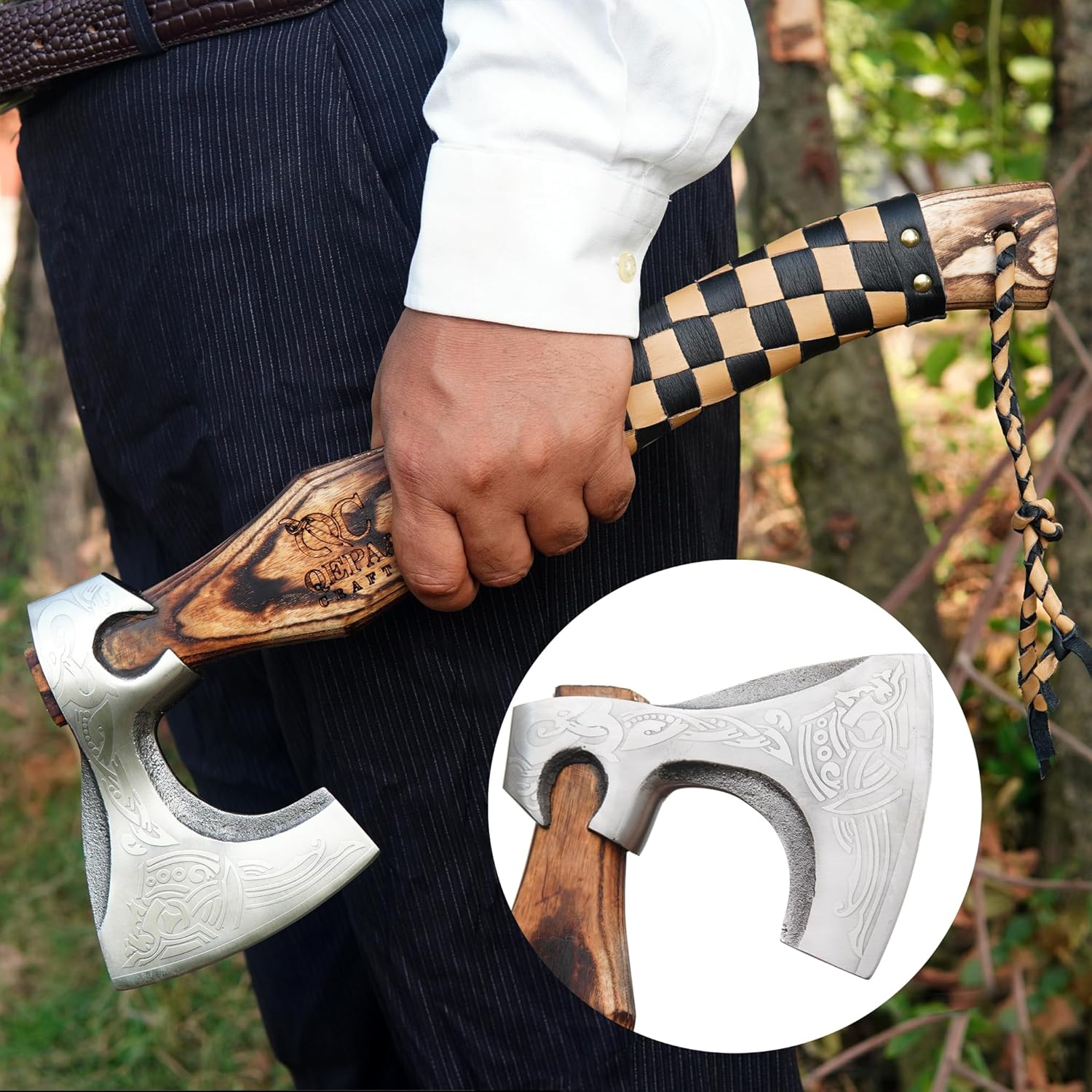 Hacha vikinga forjada a mano de 19 pulgadas, hacha de campamento de acero al carbono con eje de madera de rosa, regalos vikingos para hombres, hacha