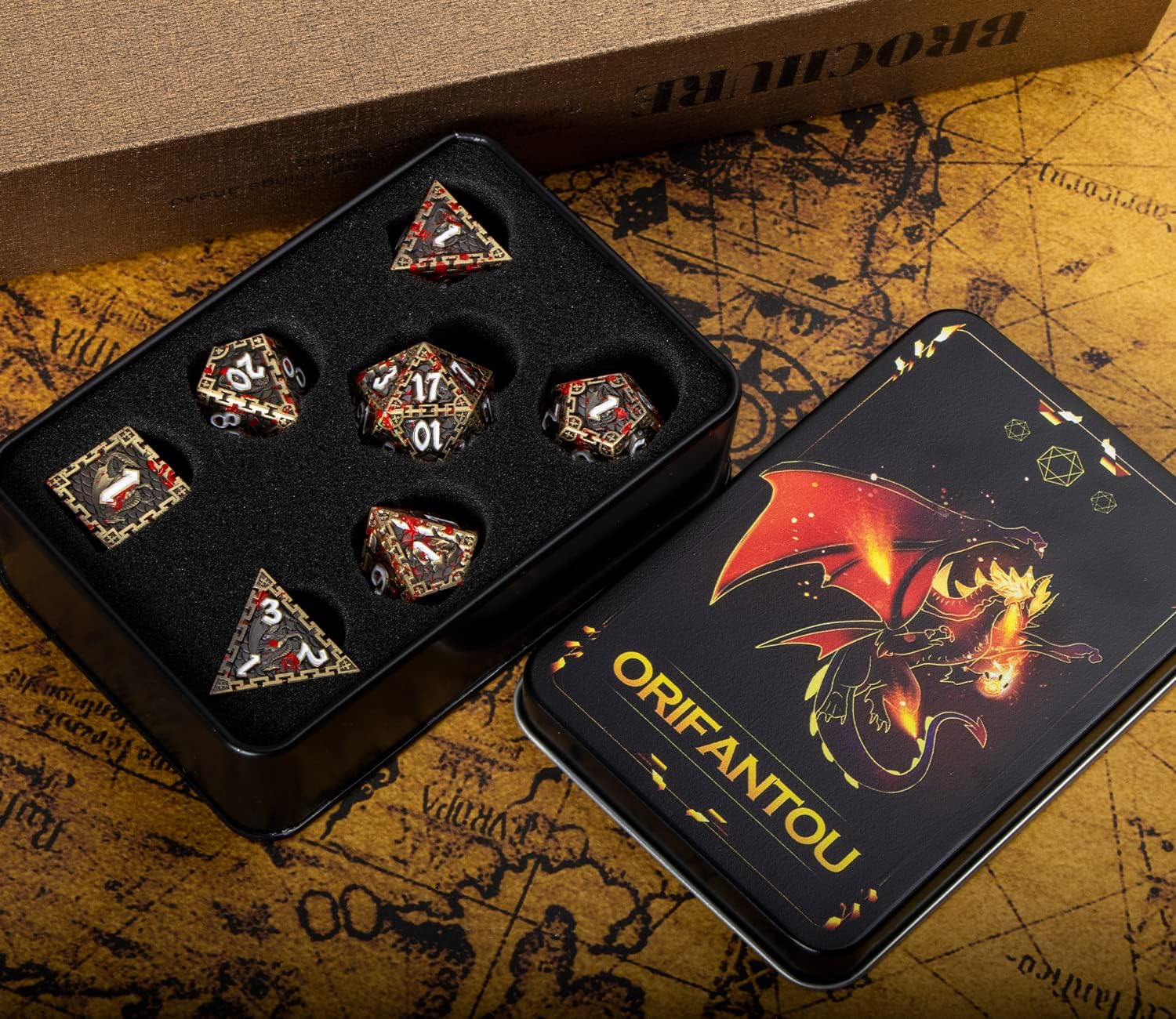DND – Juego de dados de metal de dragón de sangre con caja de regalo, dados de bronce antiguo D&D, 7 dados poliédricos para juegos de rol, juego de