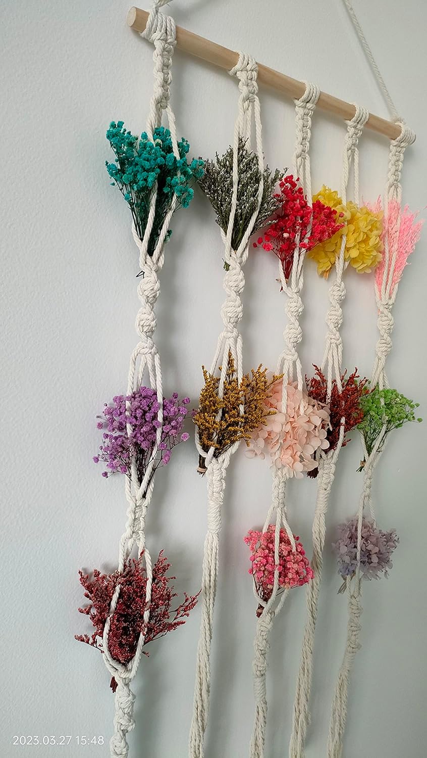 Tapiz largo de macramé bohemio para colgar en la pared, flores naturales secas, flores de hortensias preservadas, el aliento del bebé preservado