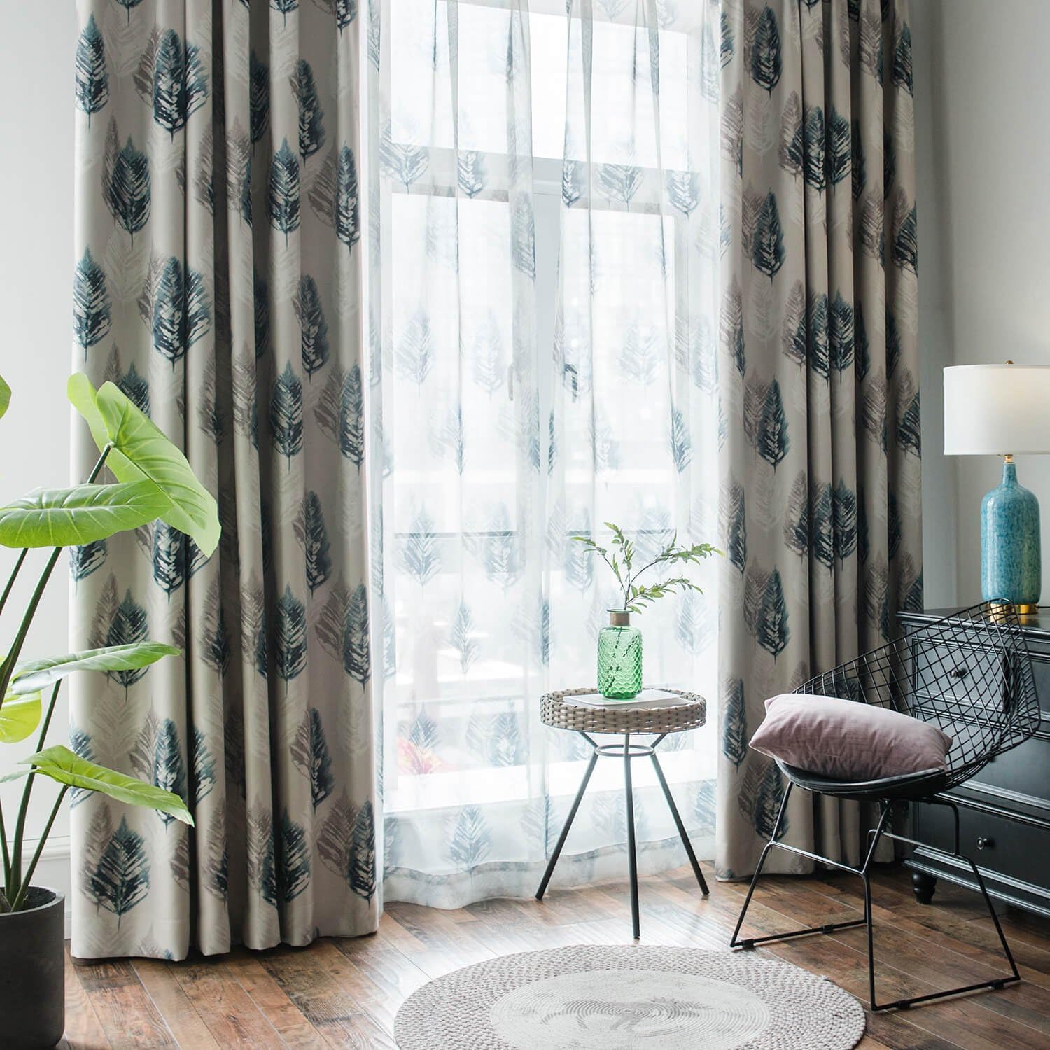VOGOL Simple Leaves Impreso 80% Blackout Poliéster Algodón Tratamientos de Ventana, Cortinas de Estilo Moderno para Oscurecimiento de la Habitación,