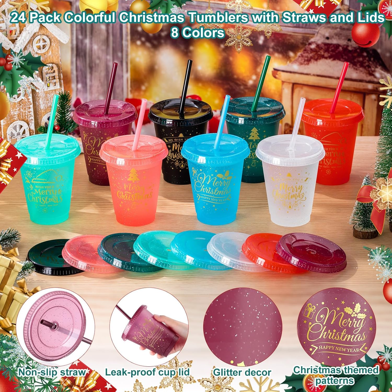 Hsei 24 vasos navideños con purpurina con popote y tapa, vasos de plástico con tapas y pajilla, botella de agua reutilizable a granel, taza de viaje