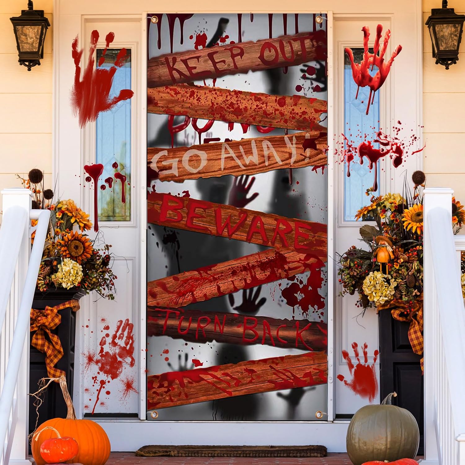 Large Halloween Zombie Door Cover, 35X73 Inch Bloody Handprint Halloween Front Door Cover Decoration Shadowy Figure Halloween Poster Scary Haunted