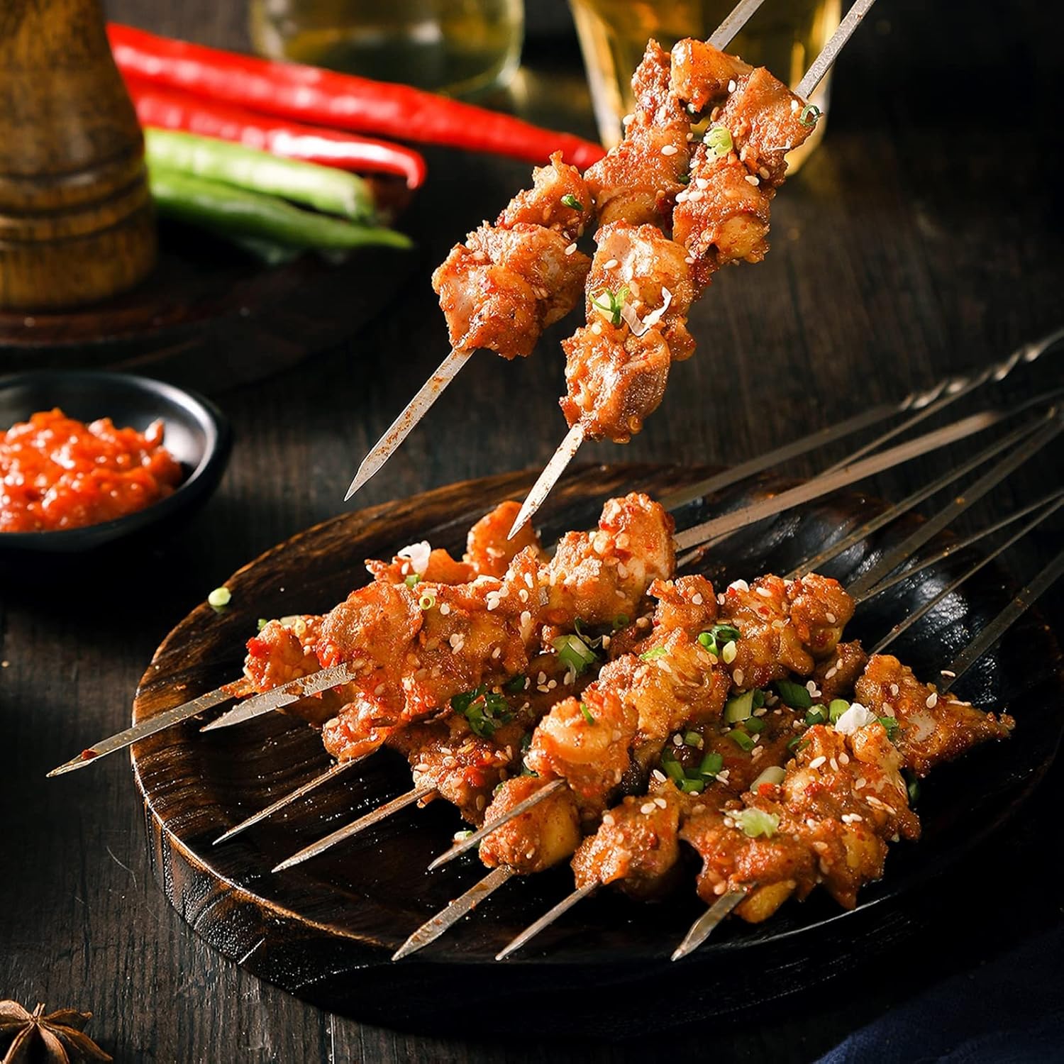 50 brochetas de metal plano para barbacoa de 14.8 pulgadas de largo de acero inoxidable, palitos de kebob anchos reutilizables para cocinar al aire