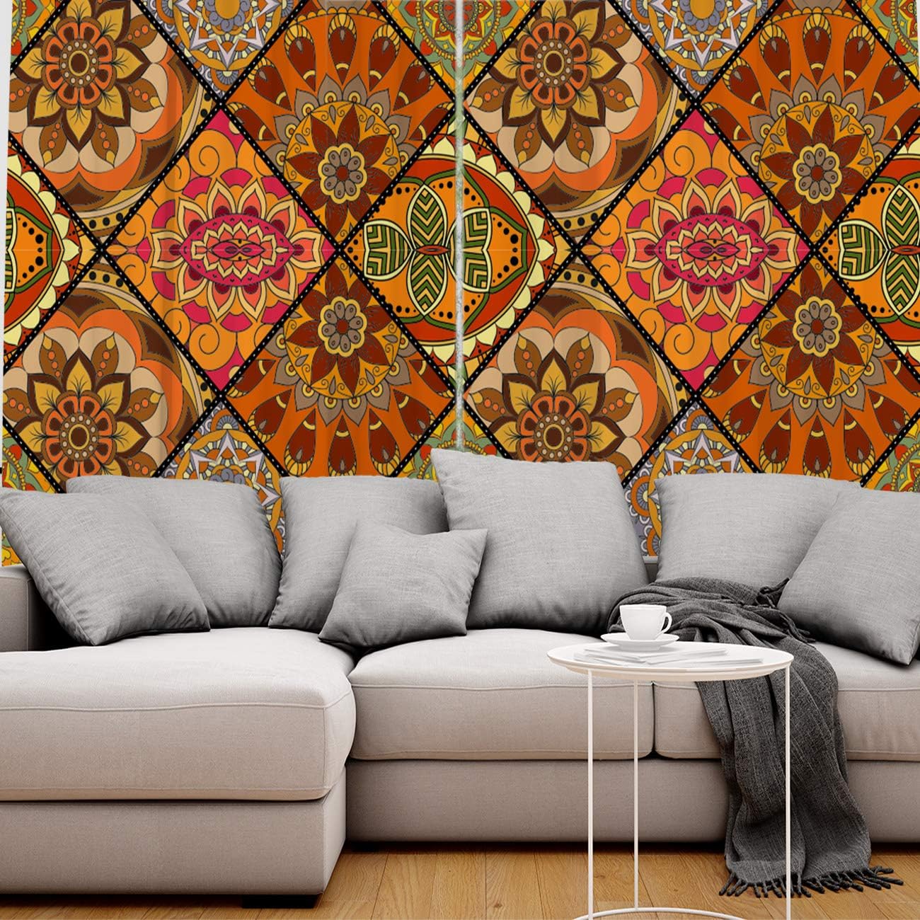 FortuneHouse Blackout Curtains Thermal Insulated Ethnic Style Orange Square Pattern Solid Pattern Metal Grommet Elegant Room Drapes Window Curtain