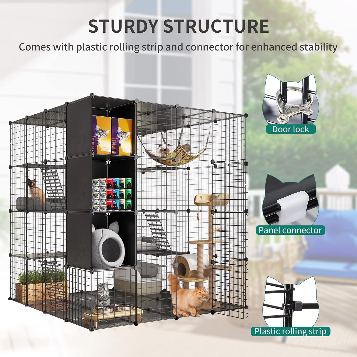 YITAHOME Jaula grande para gatos con cubo de almacenamiento, recintos para gatos para interiores, corralito de metal para gatos con hamaca grande