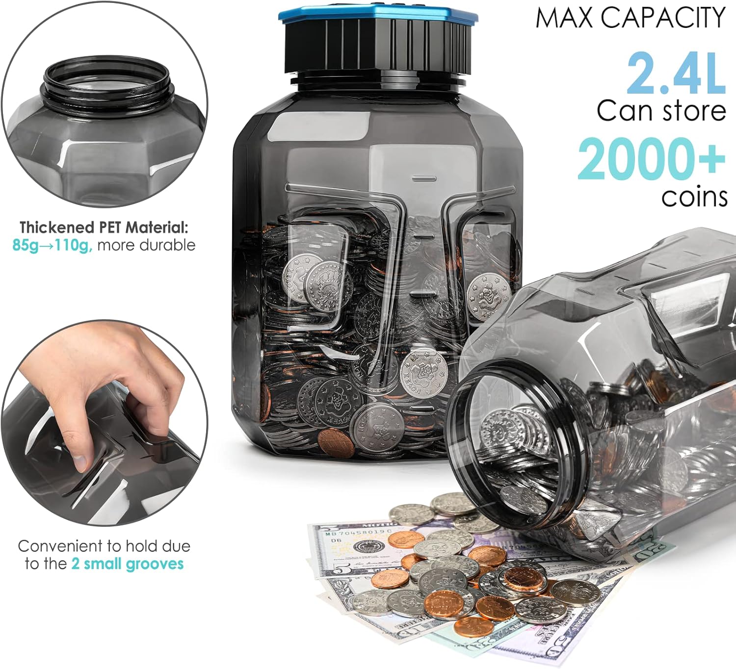 Vcertcpl – Alcancía grande para adultos y niños, banco de monedas digital con capacidad de 2.4 litros, gran contador de monedas, tarro de conteo de