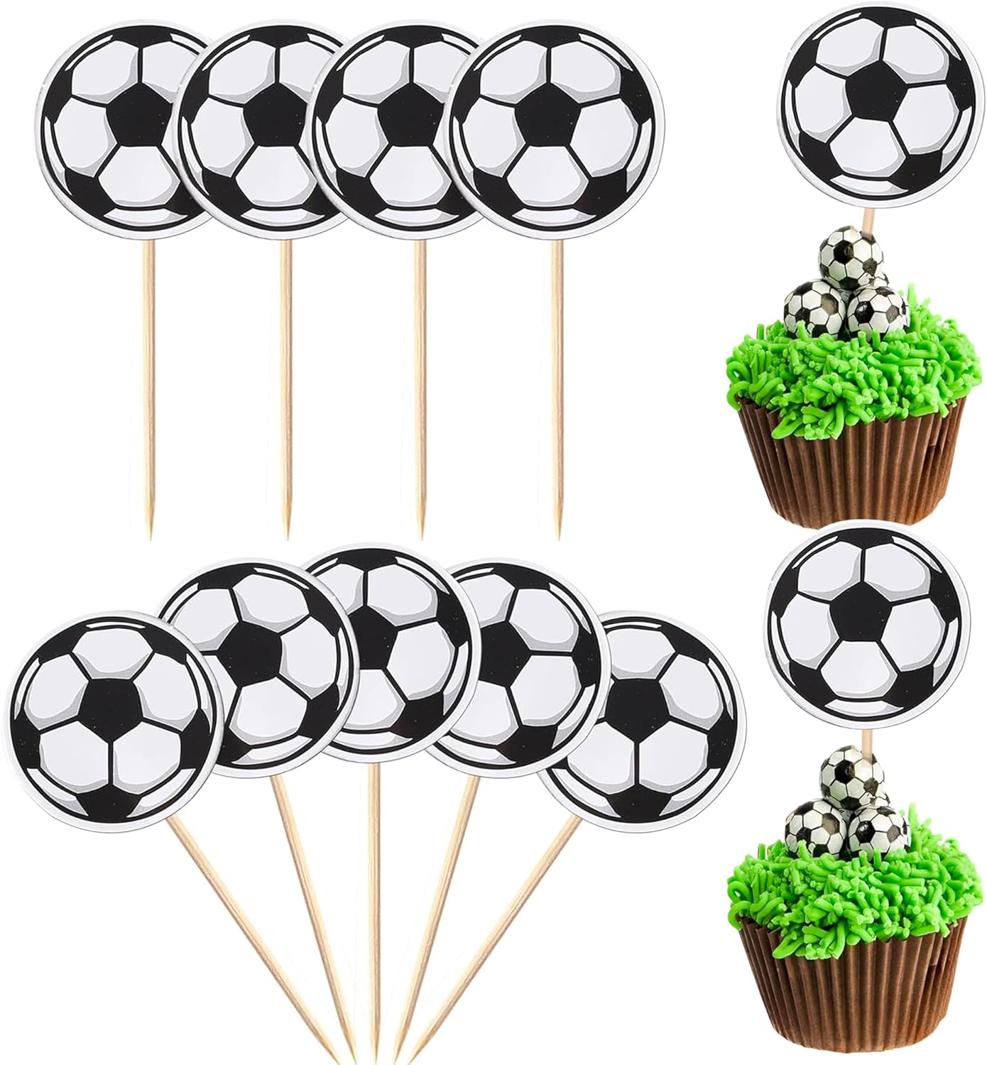 Paquete de 40 adornos para balones de fútbol para cupcakes, temática deportiva, palillos de dientes de comida para baby shower, decoración de