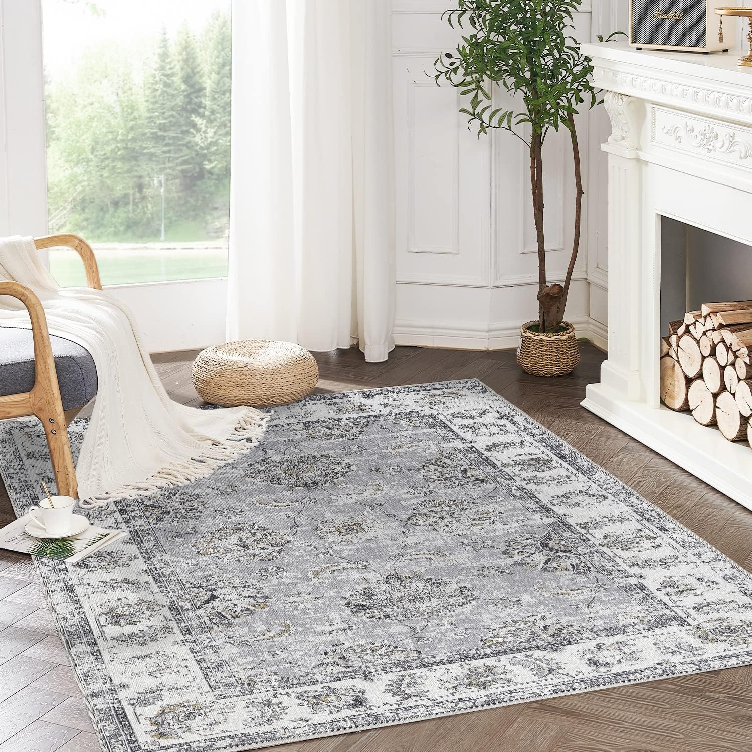 COLLACT Alfombra de área gris de 3 x 5 pulgadas, alfombra vintage para cocina, pasillo, estampado floral, alfombra fina para interiores, alfombra