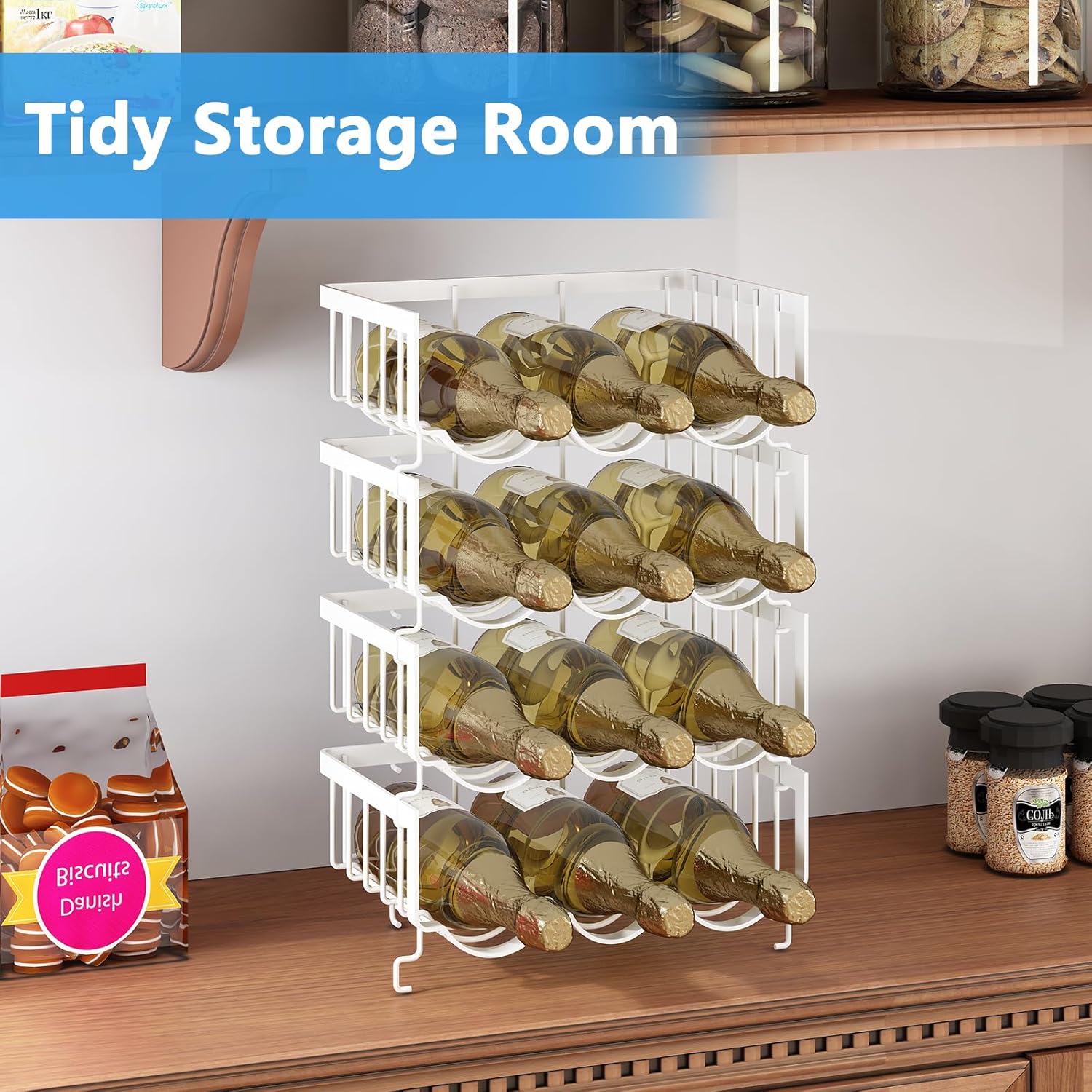 Paquete de 4 organizadores apilables para botellas de agua para gabinete. Soporte para botellas de agua para cocina, refrigerador y despensa,
