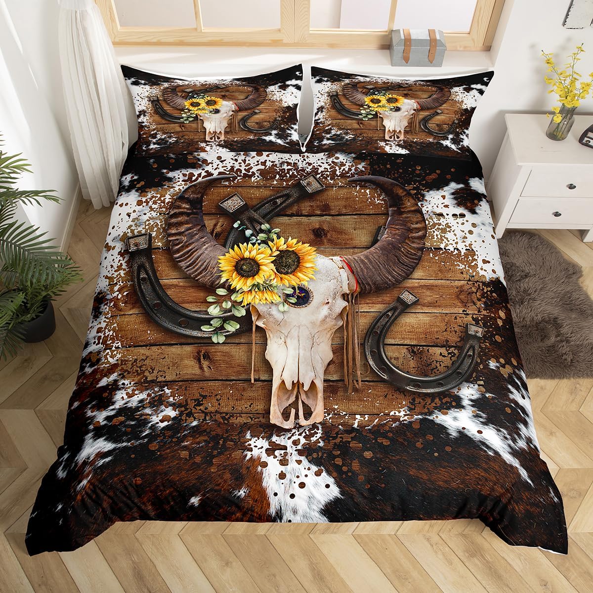 Juego de funda de edredón de calavera de vaca, tamaño Queen, juego de ropa de cama de madera de madera de vaca para niños, niñas y hombres,