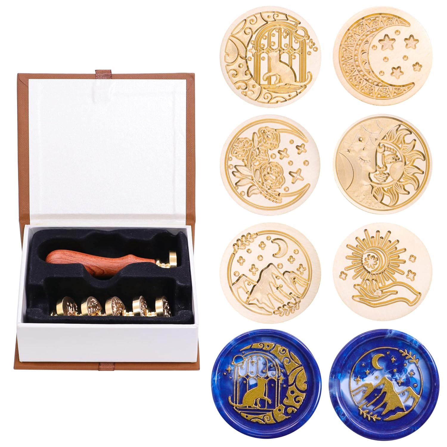 Juego de sellos de cera de 6 piezas, diseño de luna, sol y estrella, cabezales de sello para invitación, envoltura de regalos, brujería, tarjeta,