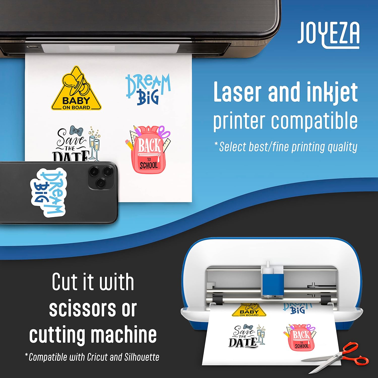 JOYEZA Papel adhesivo de vinilo imprimible de alta calidad para impresora de inyección de tinta, 25 hojas brillantes + 25 hojas translúcidas, blanco