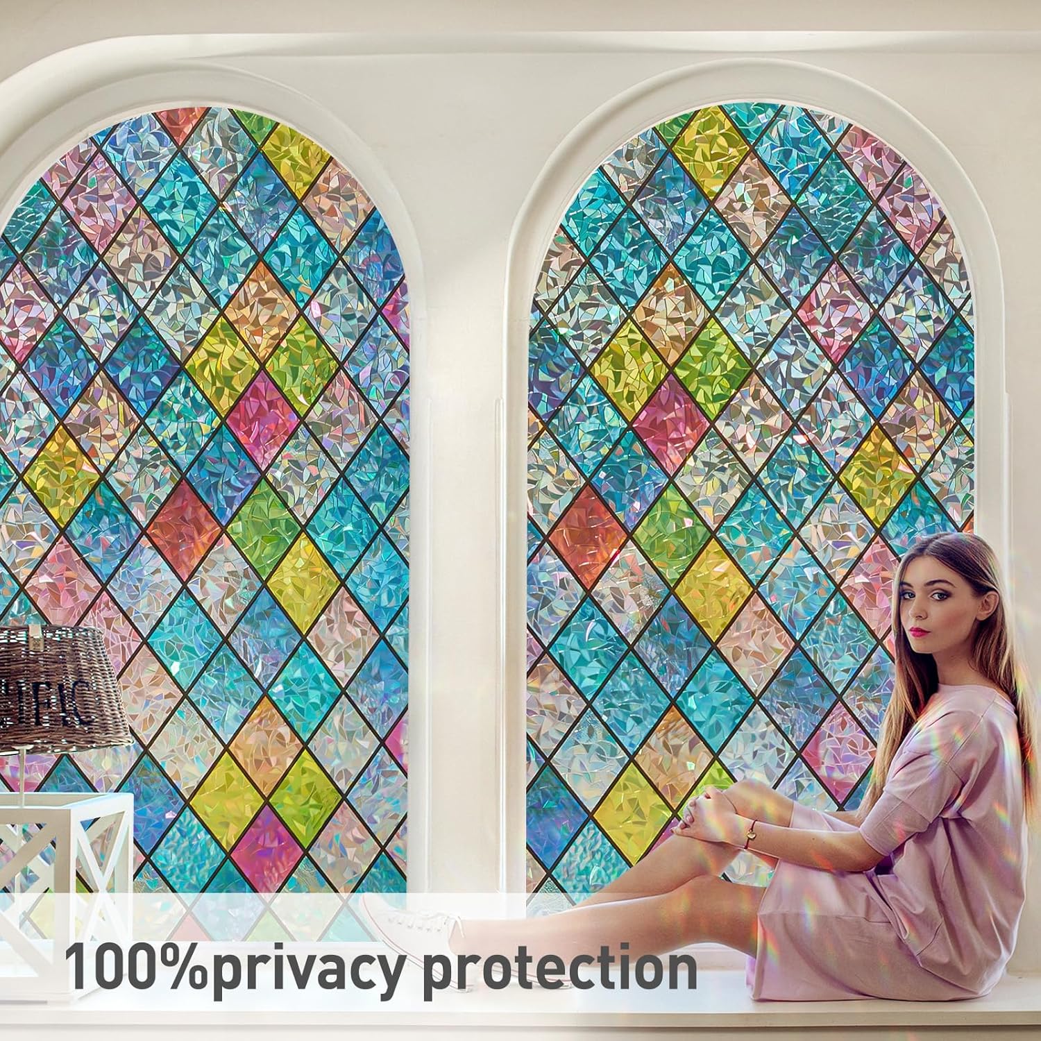 SUNBABY Película de vidrieras para ventana Película holográfica de privacidad para ventana de arco iris, película decorativa de privacidad con
