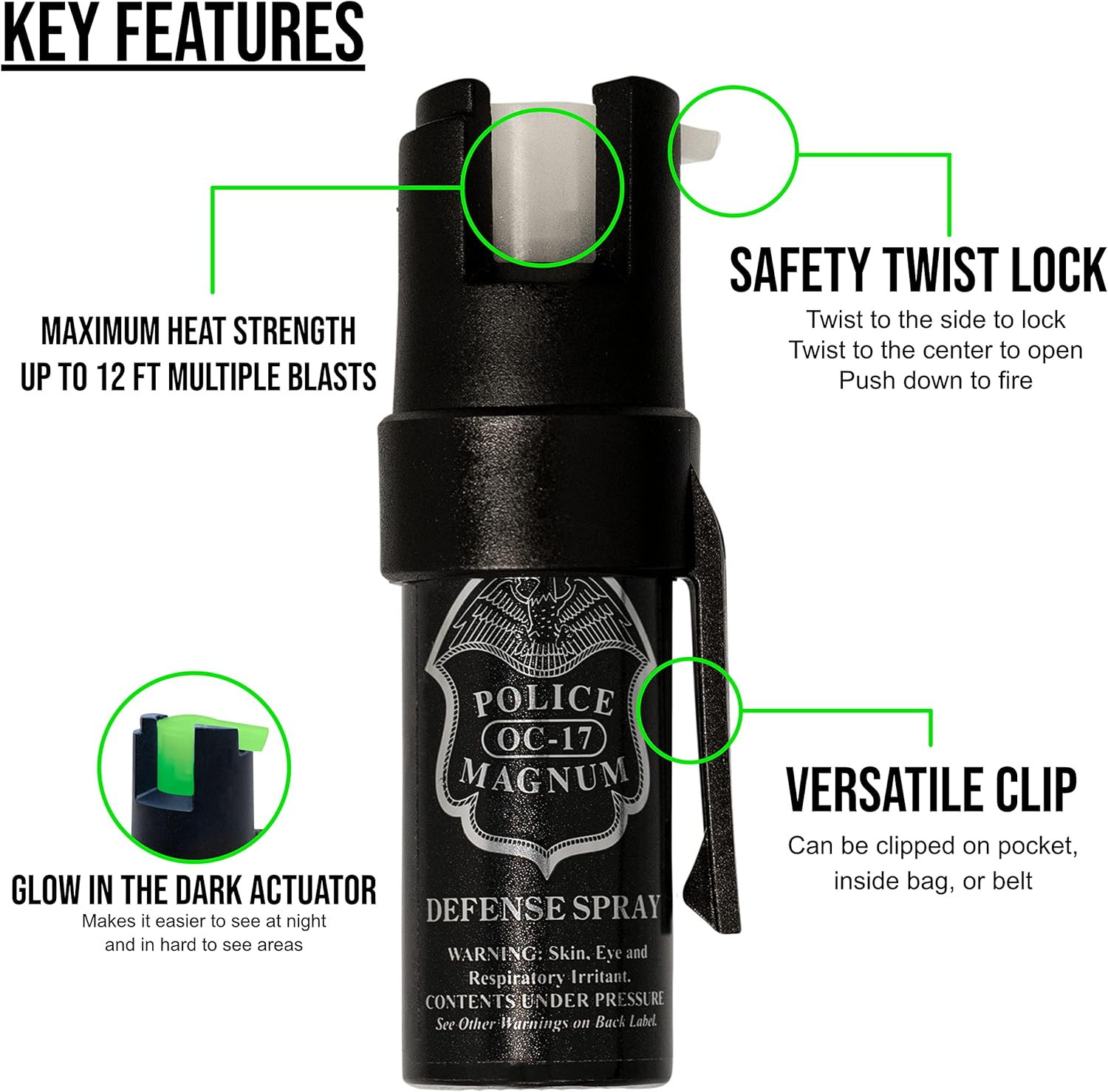 Police Magnum Mini Pepper Spray Self Defense Safety Tool- Hands Free Belt Clip Holder- Small Discreet Canister Case- Made in The USA- 2 Pack 12oz