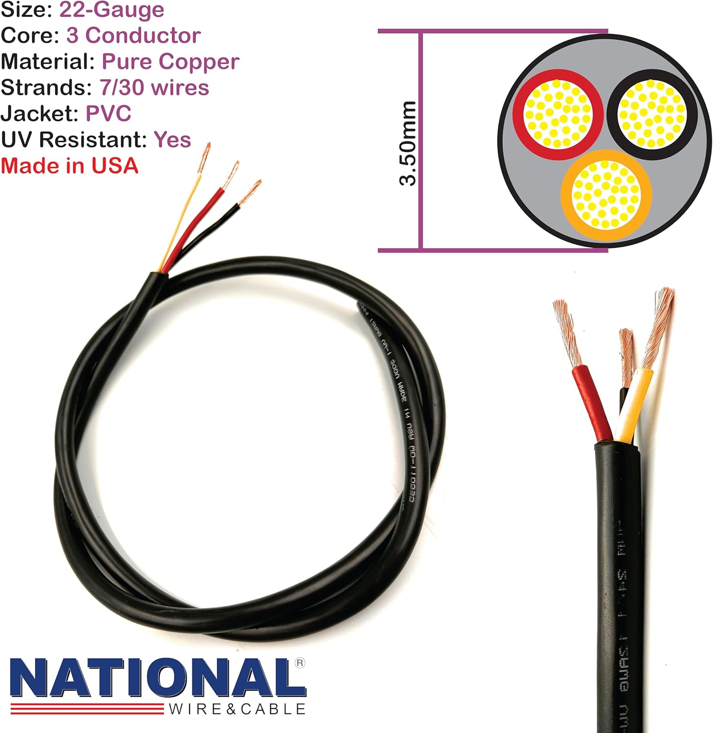 NATIONAL Wire&Cable – Cable eléctrico de alta calidad de 3 conductores de calibre 22 – Fabricado en Estados Unidos – Cable de PVC trenzado de 22 AWG