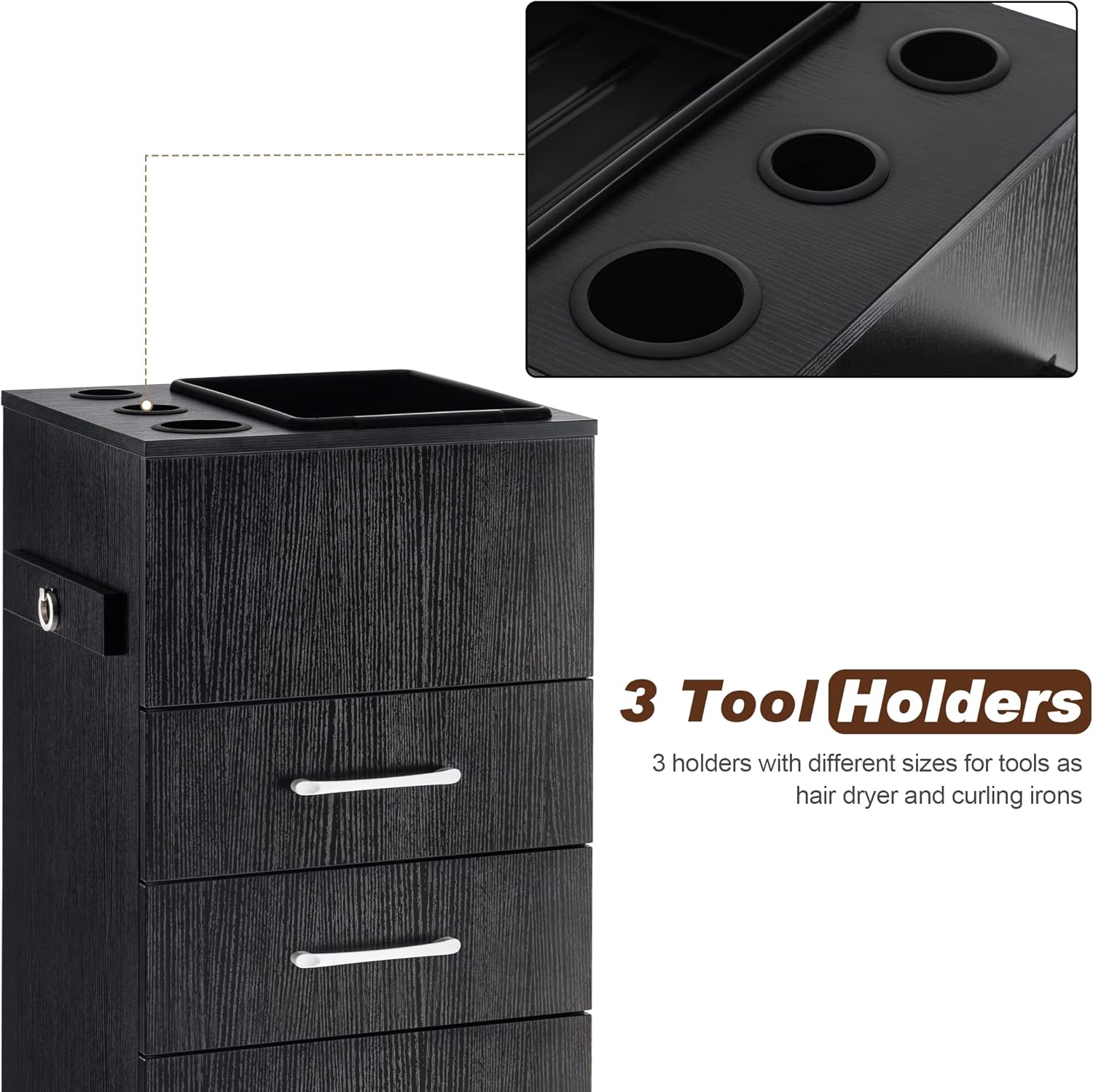 BarberPub Gabinete de almacenamiento de salón Beauty Locker Soporte para secador de pelo Estilista Equipo de spa con cajón 2035 (negro)