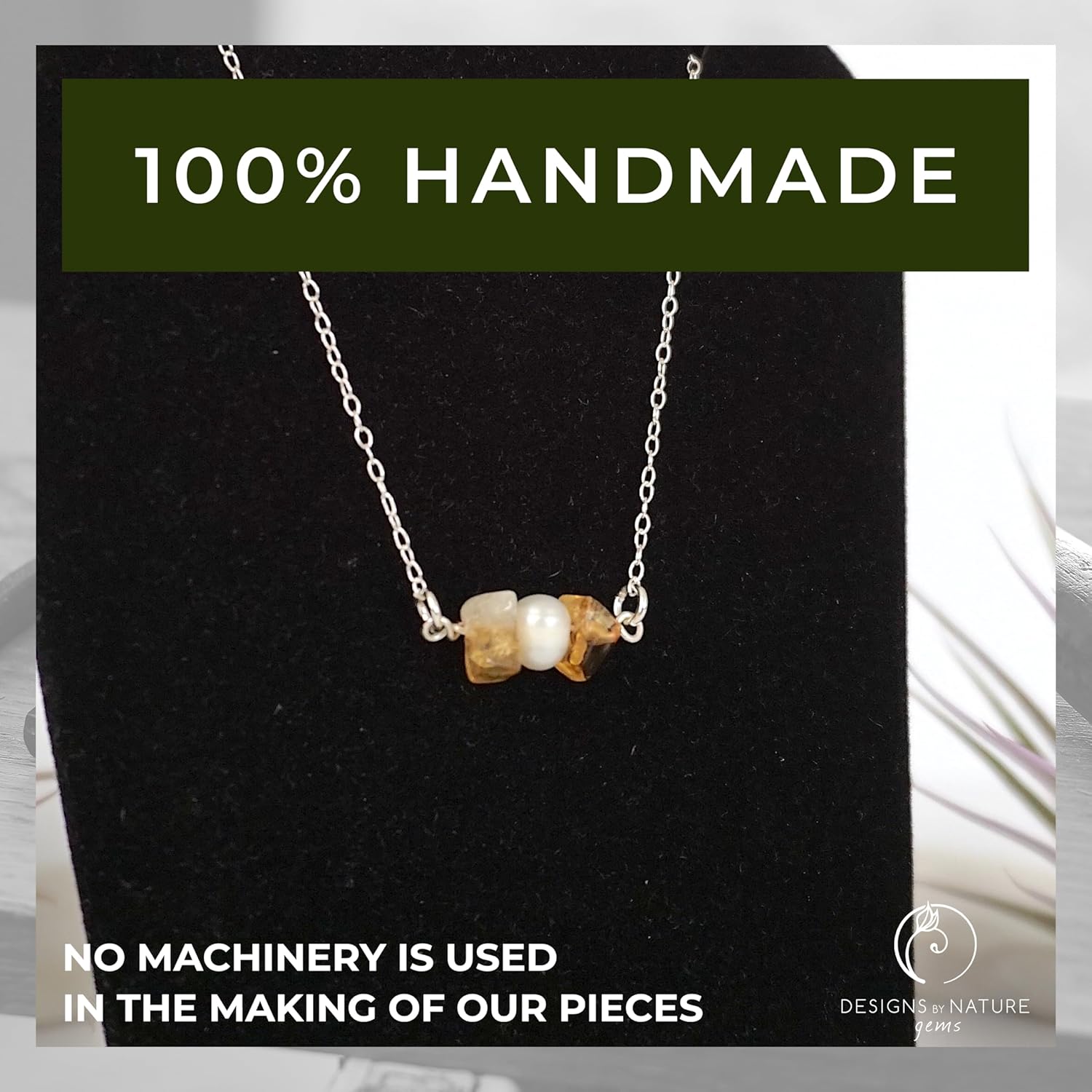 Designs by Nature Gems Handmade Womens Citrine & Pearl Charm Necklace 20-22 inch Adjustable Chain Sterling Silver, February & June Birthstone
