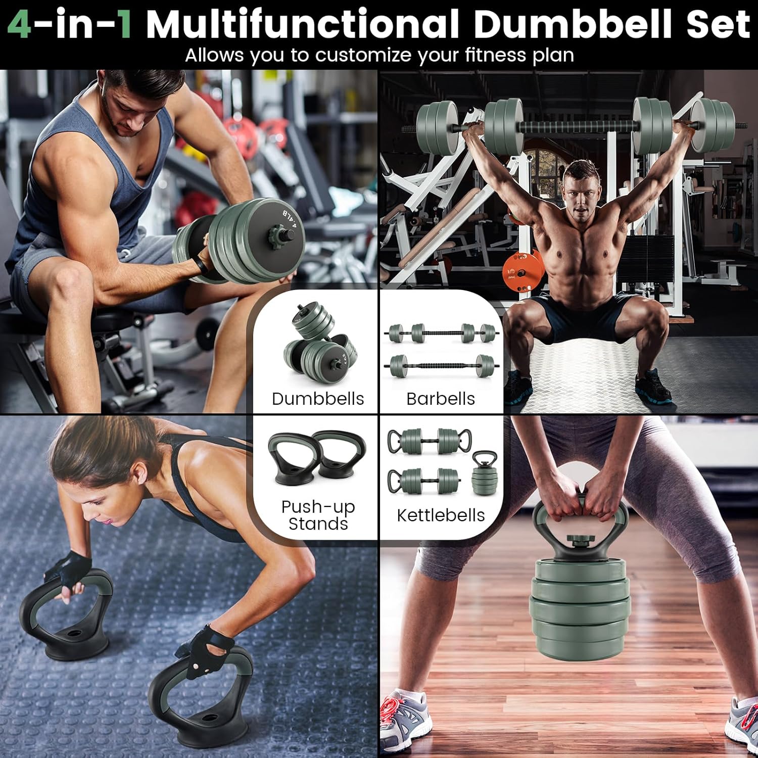 GYMAX Adjustable Dumbbell Set, 4 in 1 Free Weight Set with Connector, 9247 LBS Used As Dumbbells, Barbells, Kettlebells, Push up Stands, Weight