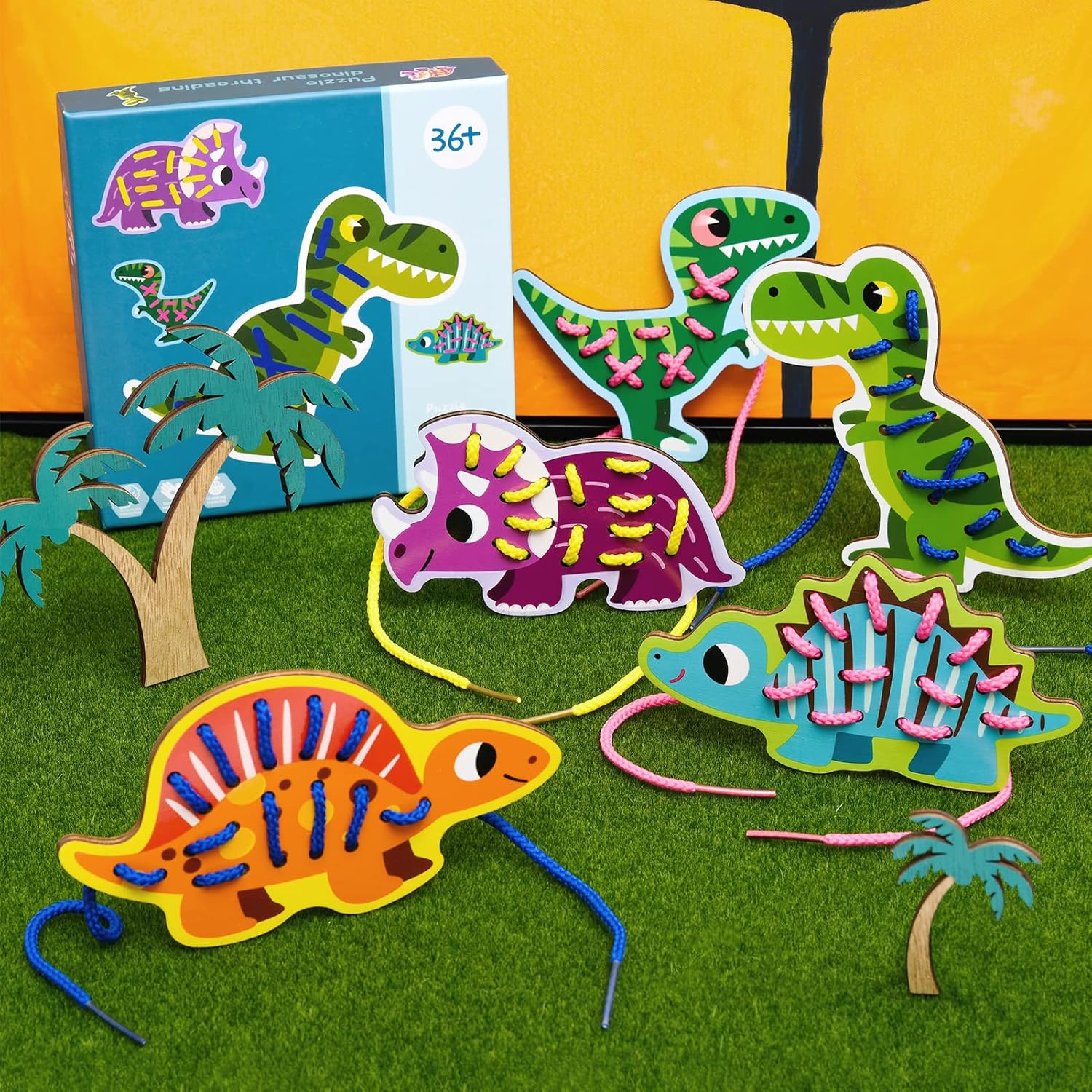 Atoylink Paquete de 5 tarjetas de cordón de dinosaurio de madera para niños pequeños, juguetes de viaje, juegos preescolares, habilidades motoras