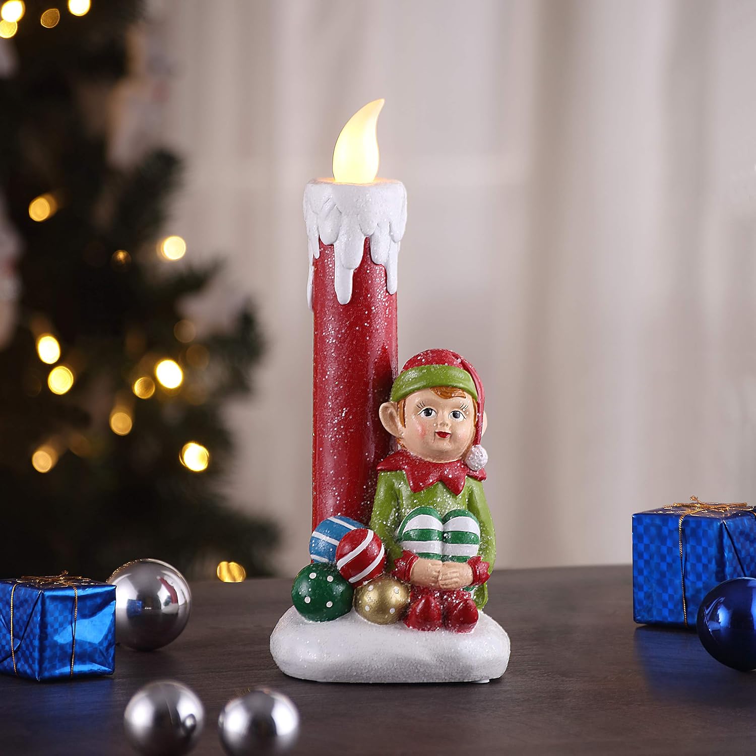 Mr. Christmas Decoración navideña nostálgica de elfo de vela, verde