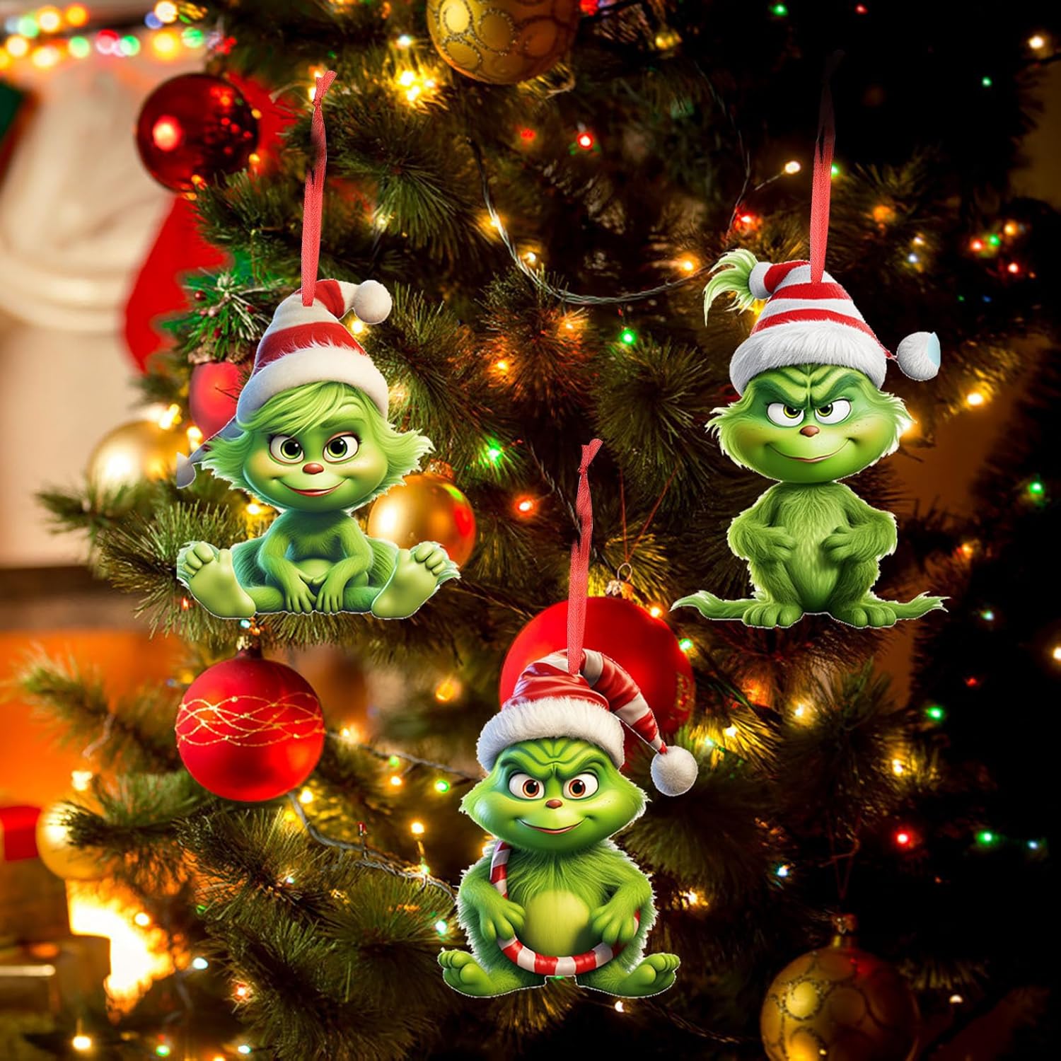 Adornos colgantes de madera de monstruo verde de Navidad, adorno colgante de acrílico verde navideño para decoración de árbol de Navidad, decoración
