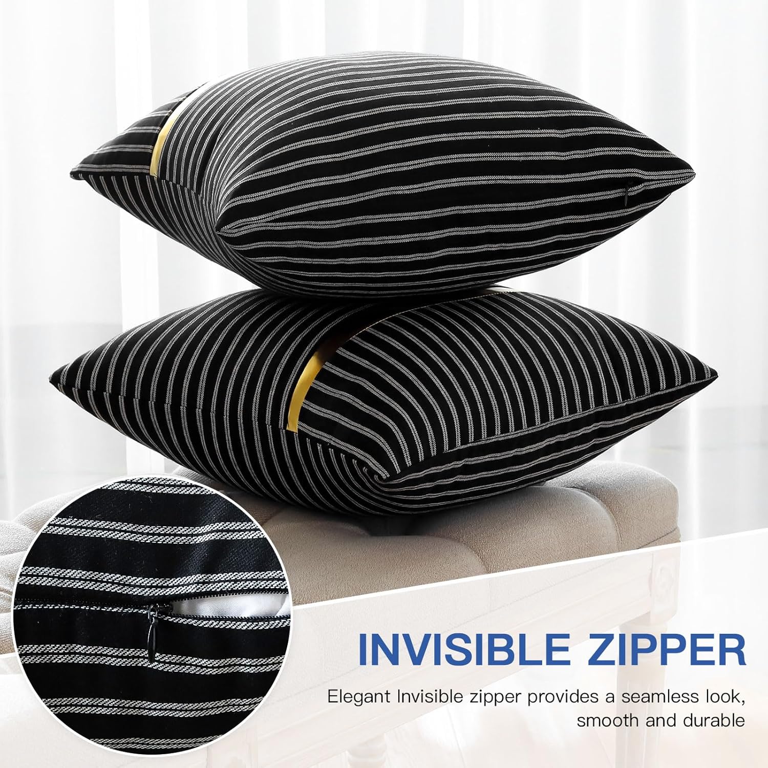 OTOSTAR Paquete de 2 fundas de almohada decorativas de cuero dorado a rayas de 18 x 18 pulgadas, funda de cojín cuadrada negra para sofá, cama, sala