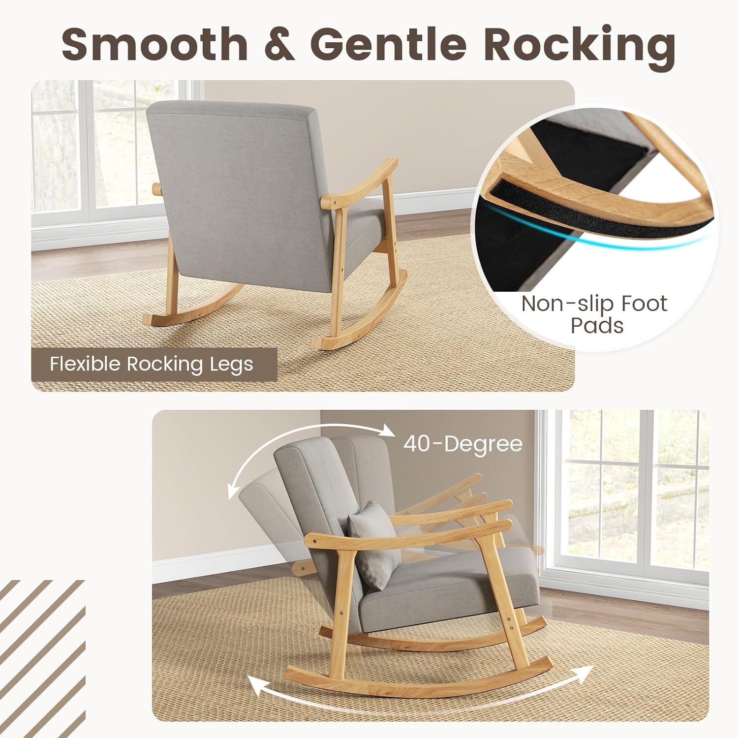 Giantex Mecedora para guardería, silla de interior con reposabrazos de madera de goma, respaldo ancho y cojín de asiento acolchado, almohada lumbar