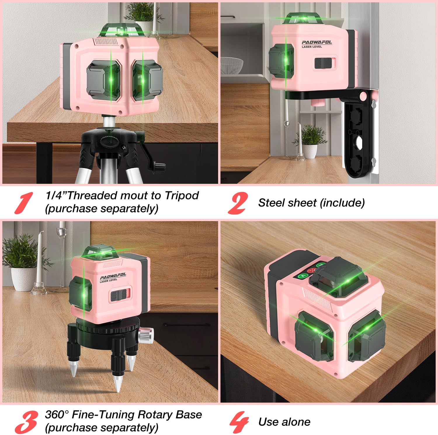 Nivel láser, línea cruzada de 3 x 360 para construcción y colgar cuadros, 12 láseres verdes con autonivelación, línea vertical y horizontal de 150