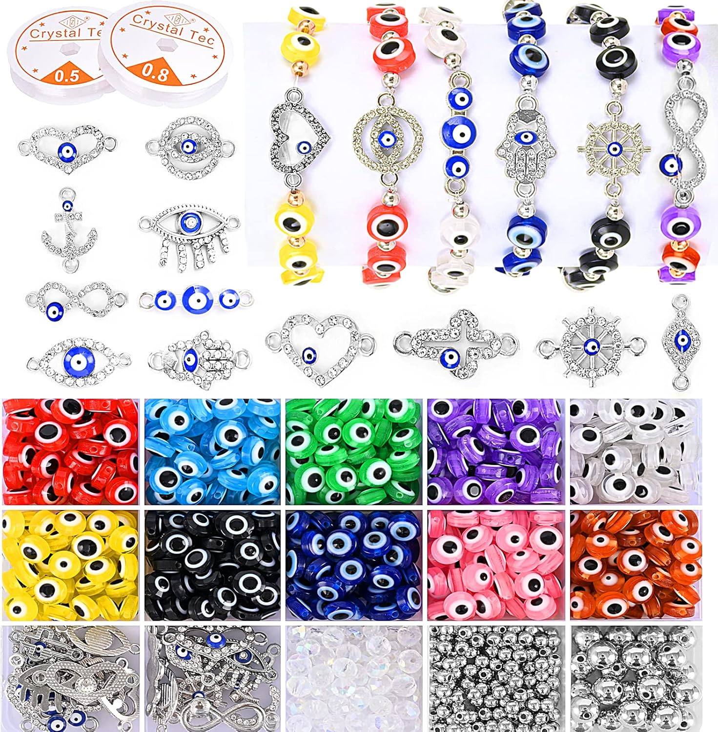 2000 cuentas contra el mal de ojo para la fabricación de joyas, dijes redondos planos de ojo turco de 0.315 pulgadas, kit de pulseras de cuentas