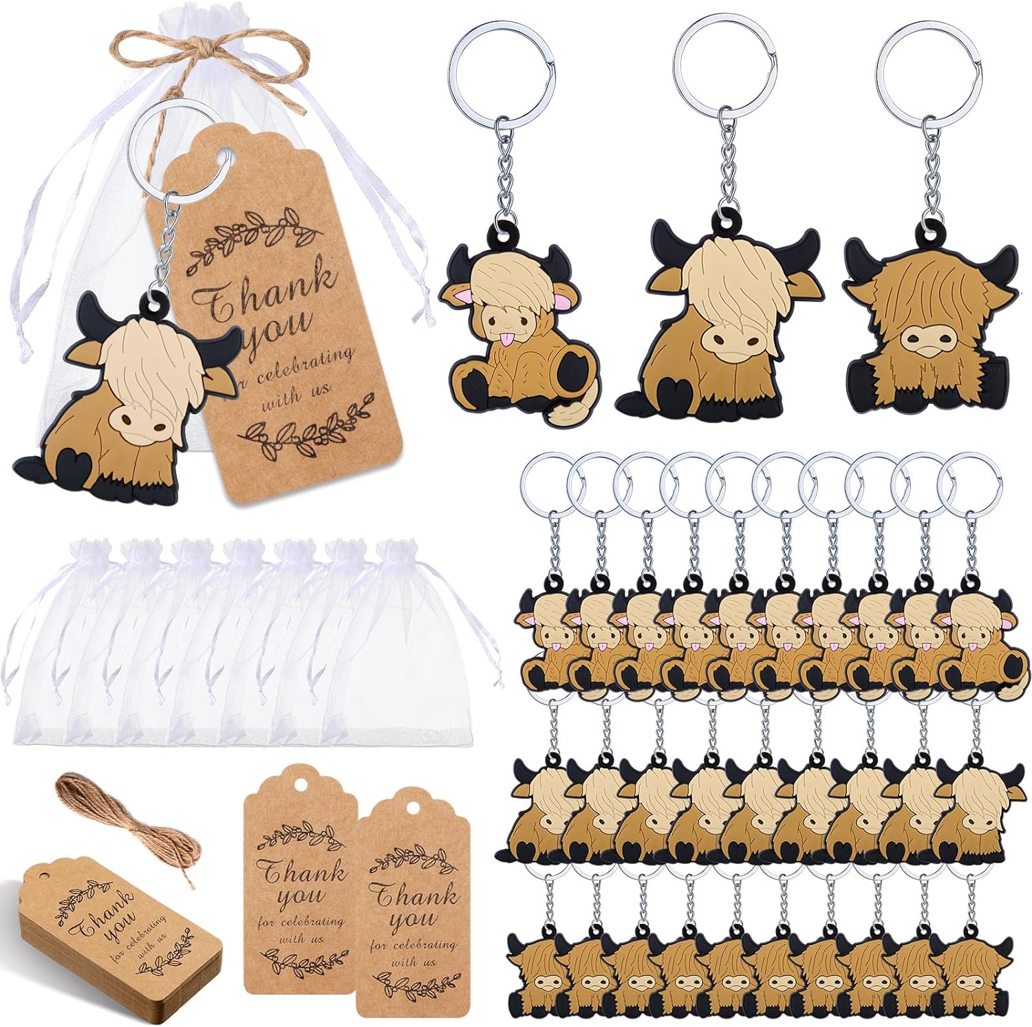 Kigeli 36 juegos de llaveros de fiesta de vaca de las tierras altas para niños con bolsas de organza, etiquetas de agradecimiento, regalos de