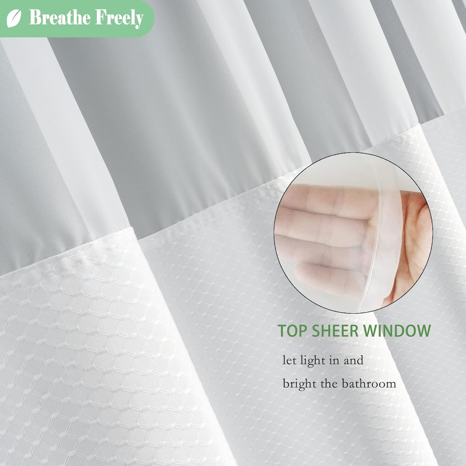 UFRIDAY Cortina de ducha de tela de punto gofre con pantalla de malla filtrante de luz, cortinas de baño blancas de hotel, 71 x 74 pulgadas